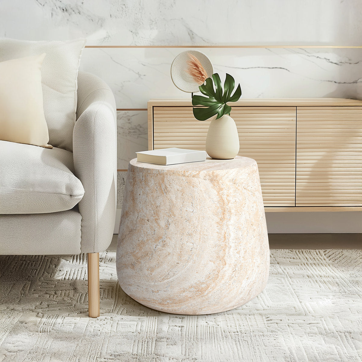 Pisa Round Tapered Travertine Look Side Table