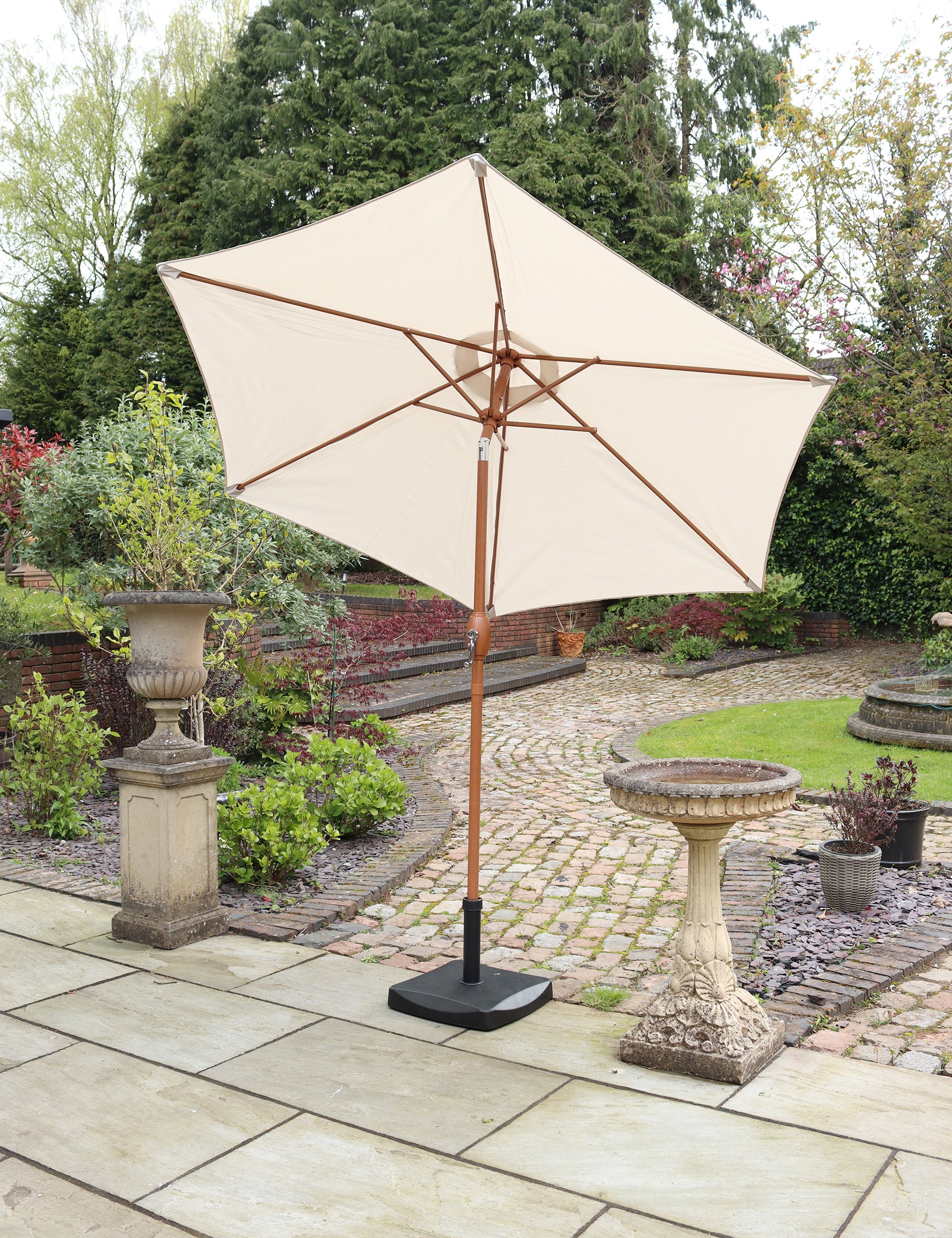 Ivory crank-and-tilt wood-look garden parasol