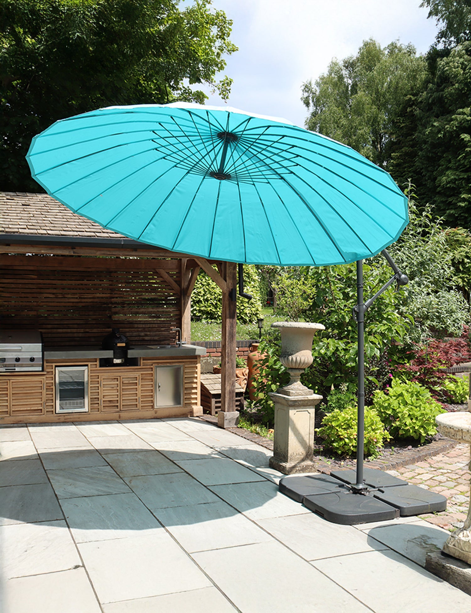 Bright turquoise garden parasol
