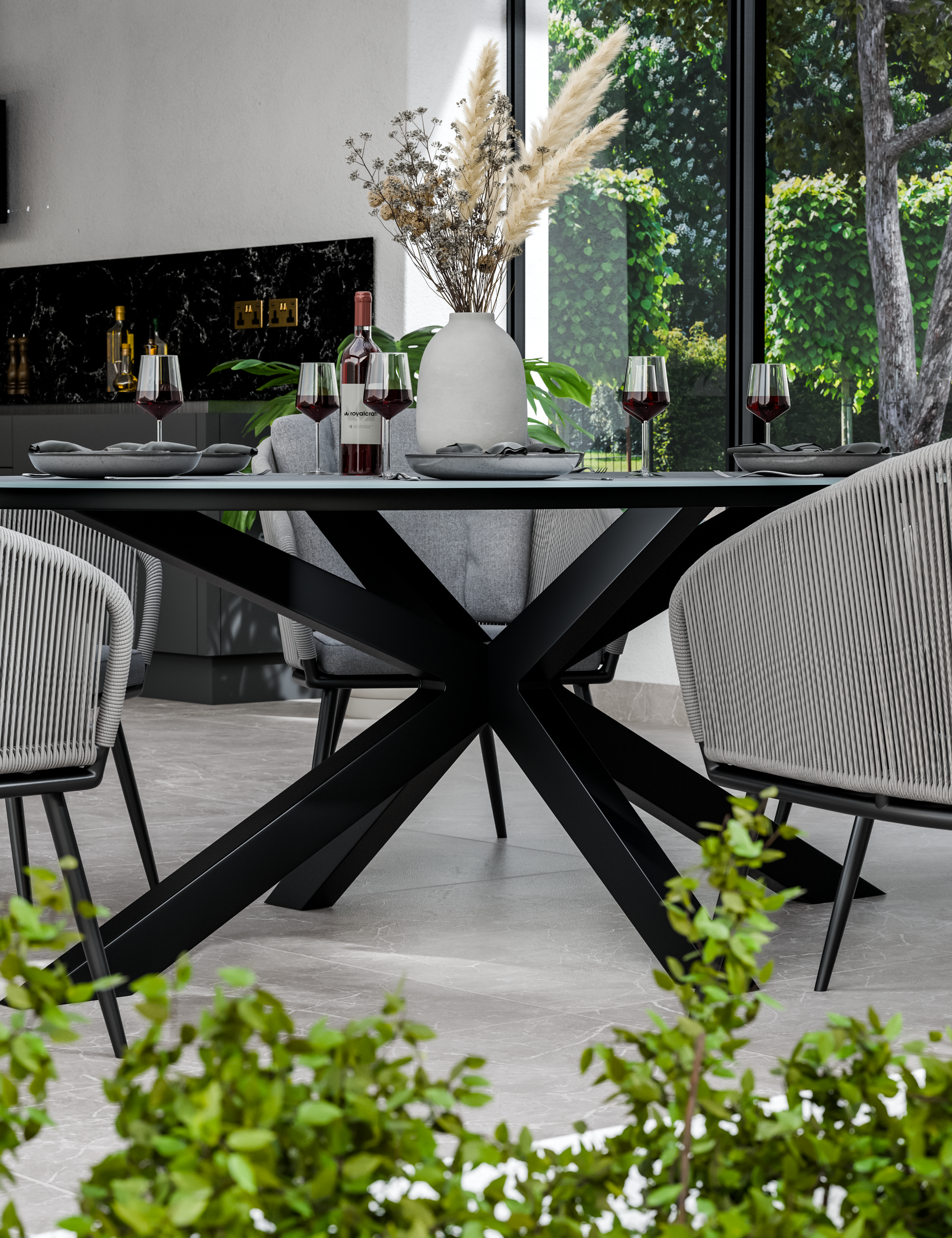 Aspen 6 Seater Ellipse Ceramic Glass Dining Set with Aspen Rope Chairs