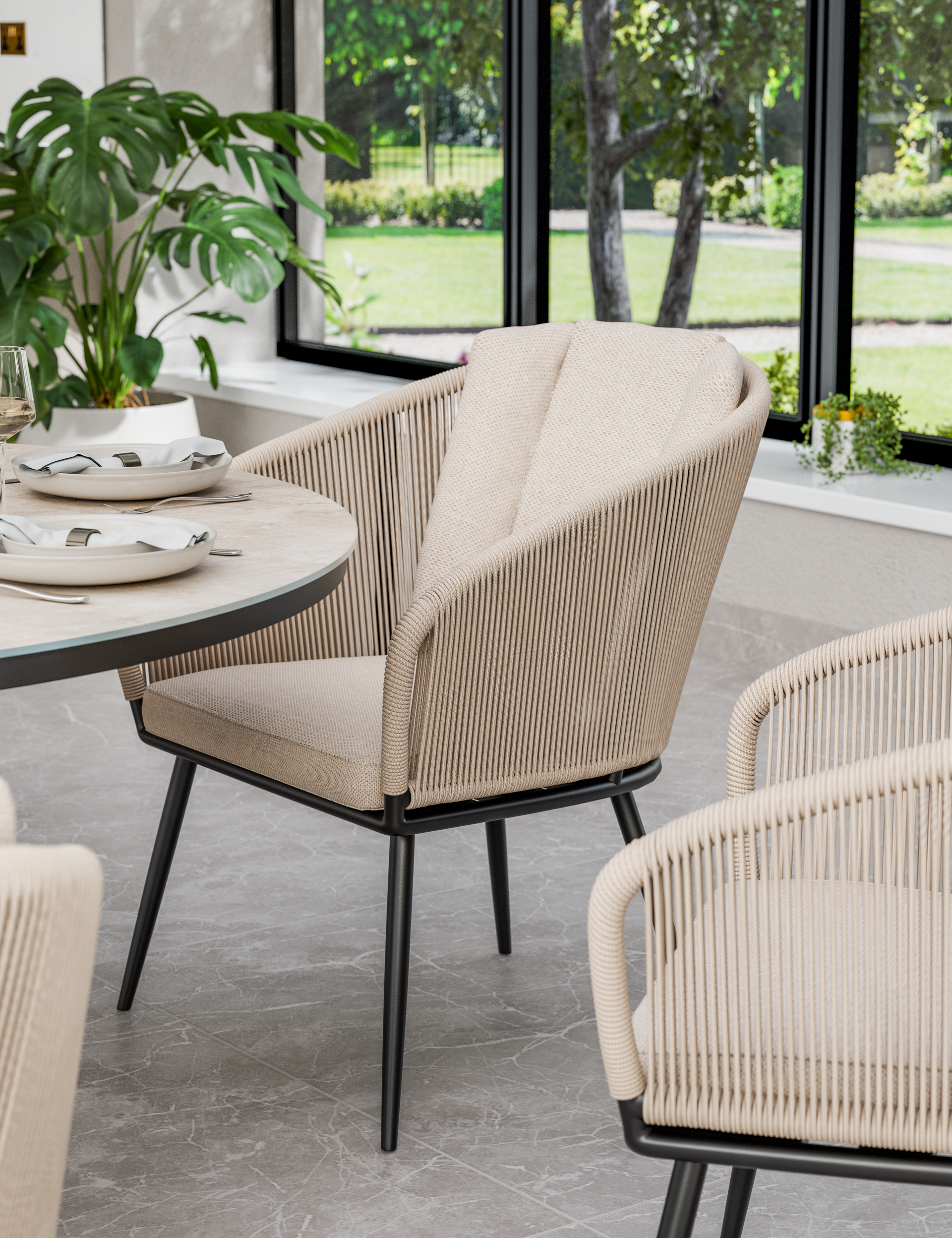 Bali 6 Seater Round Ceramic Glass Dining Set with Bali Rope Chairs