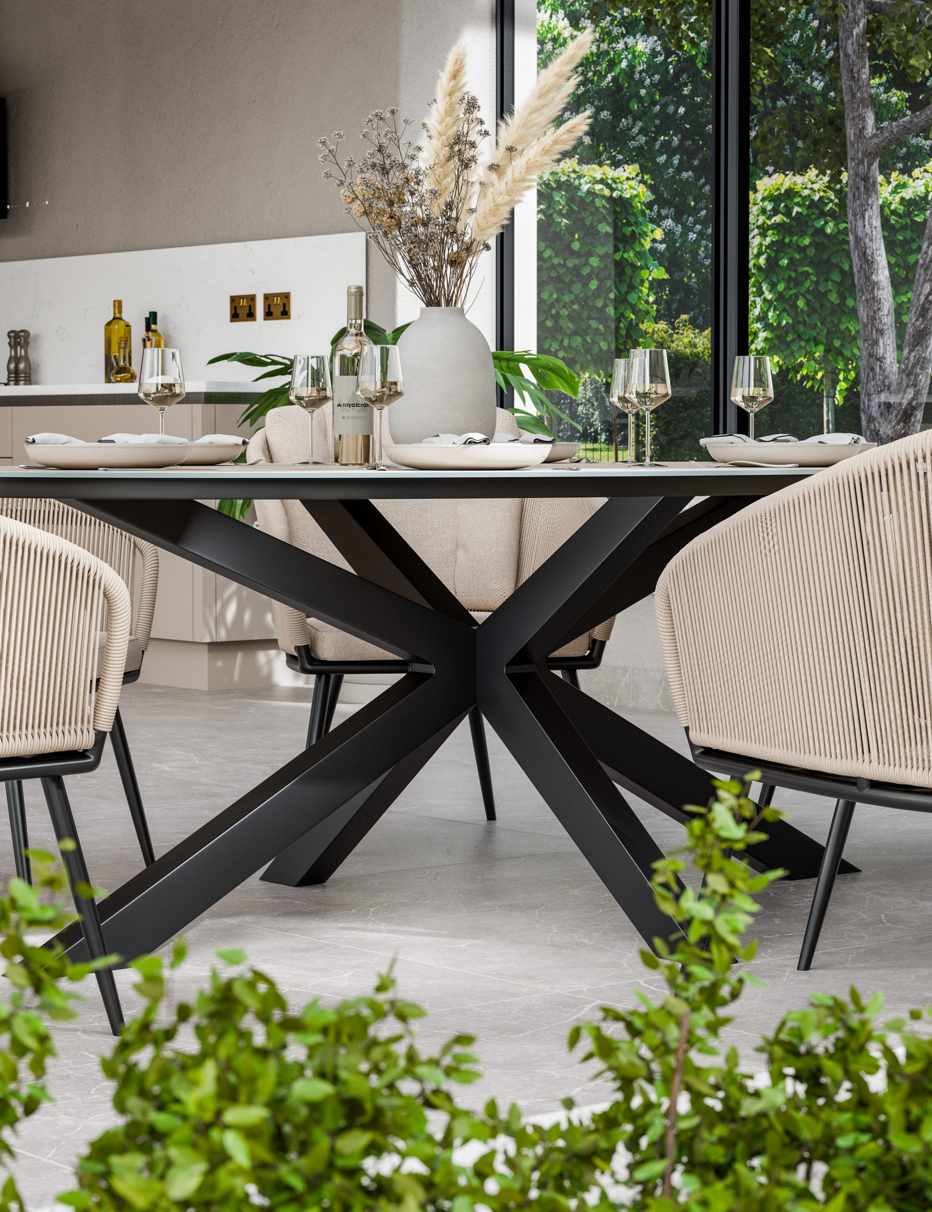Bali 6 Seater Ellipse Ceramic Glass Dining Set with Bali Rope Chairs