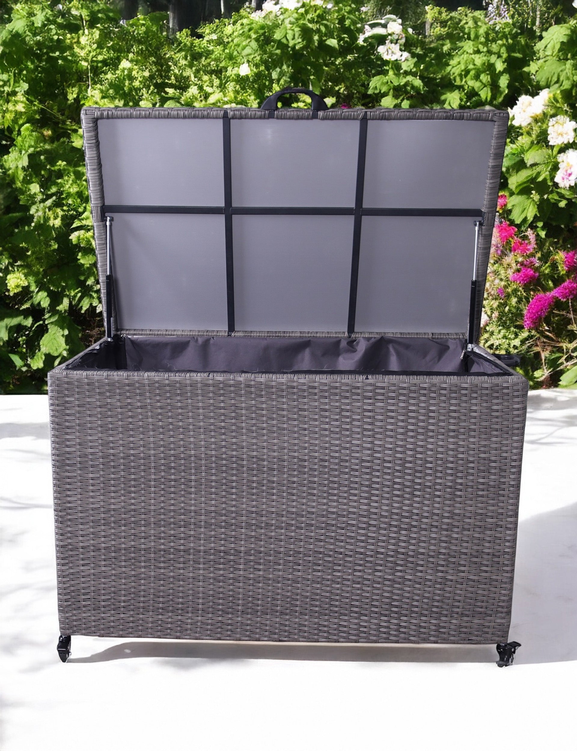 Large light grey rattan garden storage box