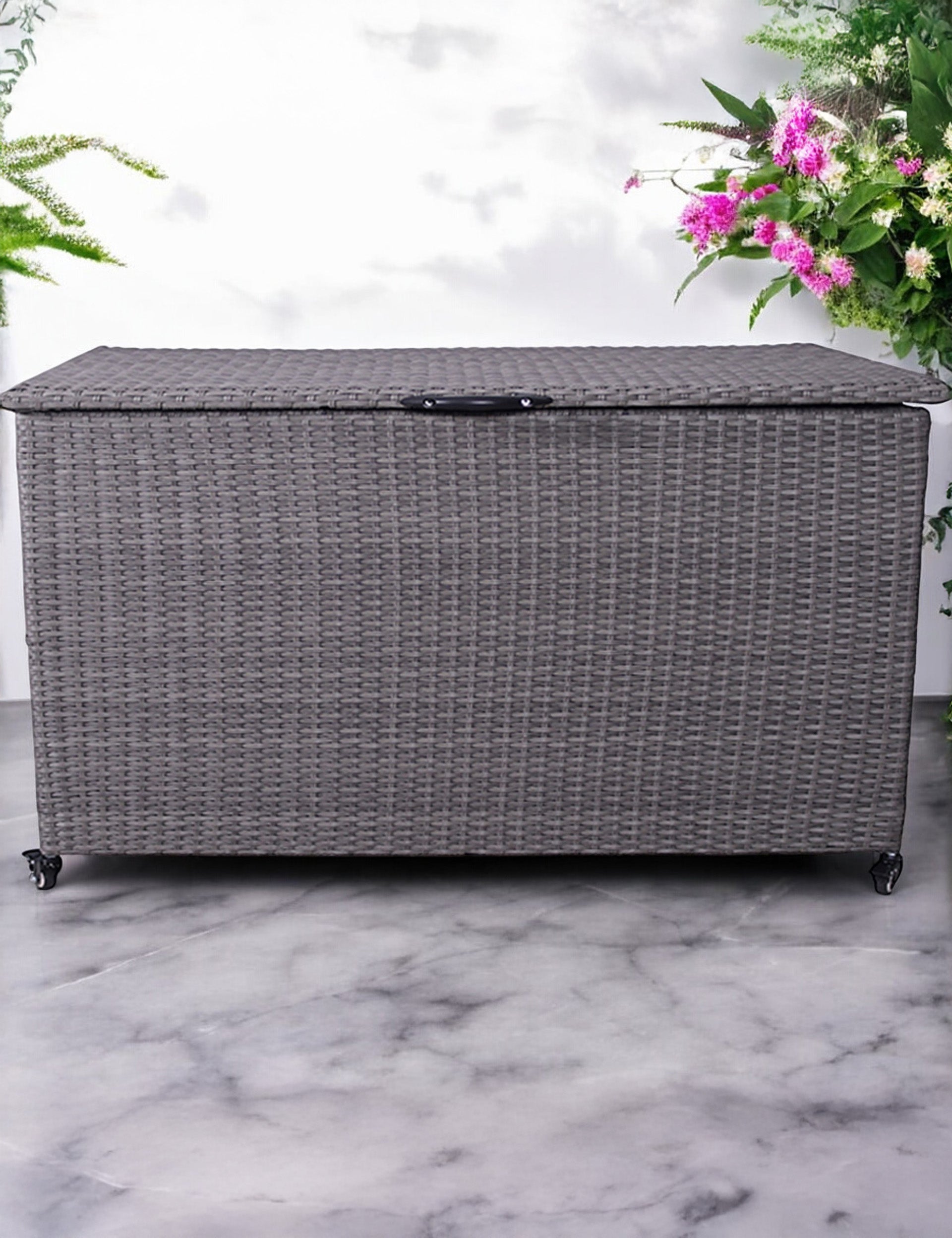 Large light grey rattan garden storage box with lid