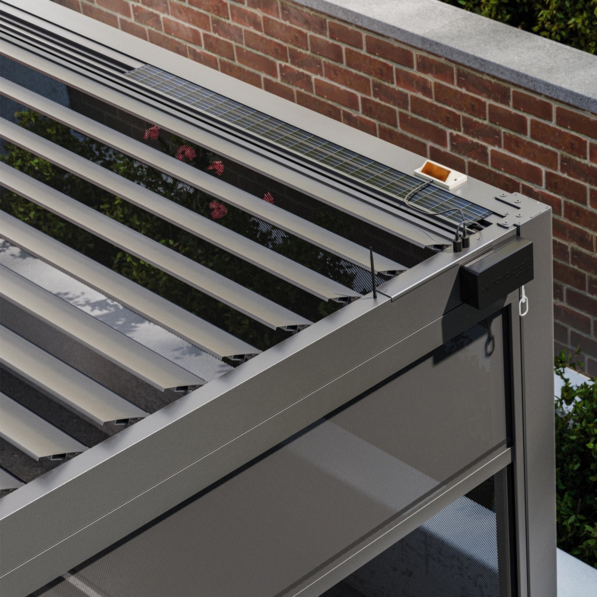 Modern aluminium pergola with louvered roof blades and zip screen side panel