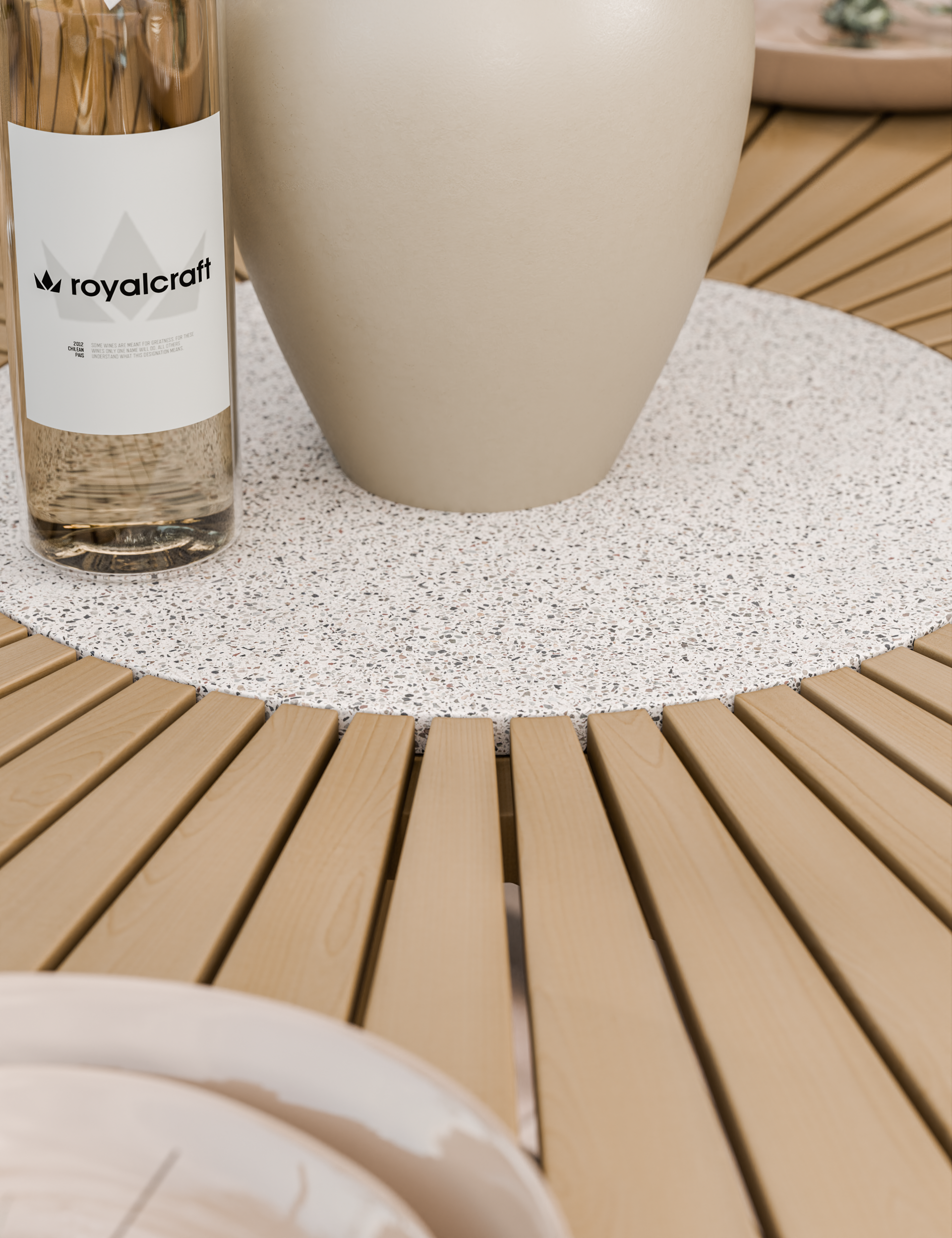 Roma 6 Seater Round Sunray with Terrazzo Insert Dining Set with Roma Rope Stacking Chairs