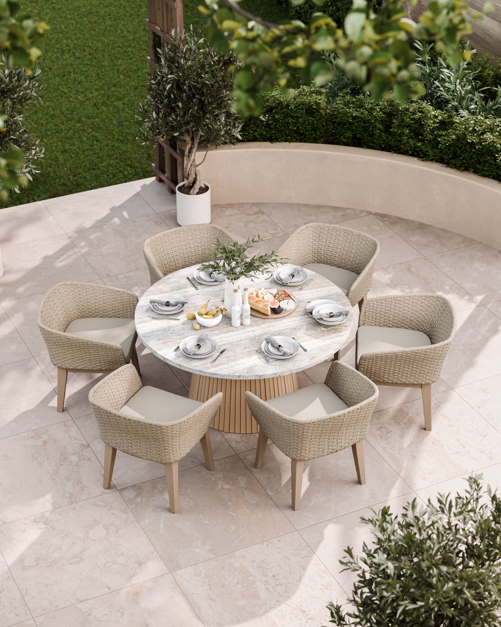 Top view of six-seater round patio dining set