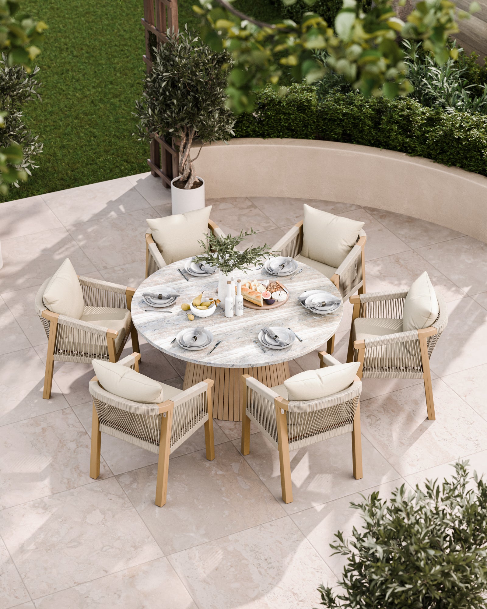 Overhead view of 6-seater round patio dining set in neutral tones