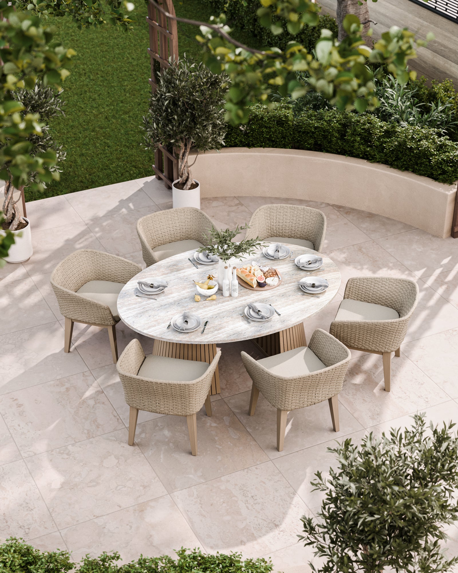 Round 6-seater garden dining set with cushioned chairs