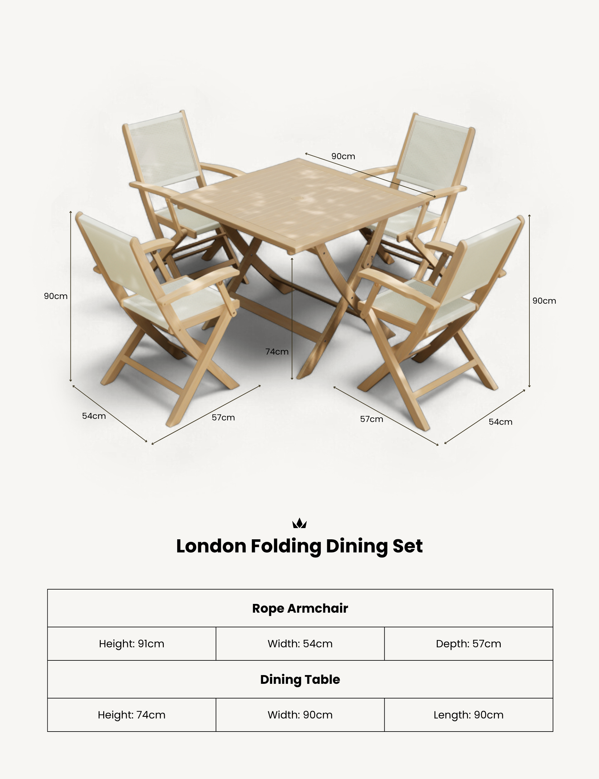 London 4 Seater Square Folding Set with London Rope Folding Armchairs