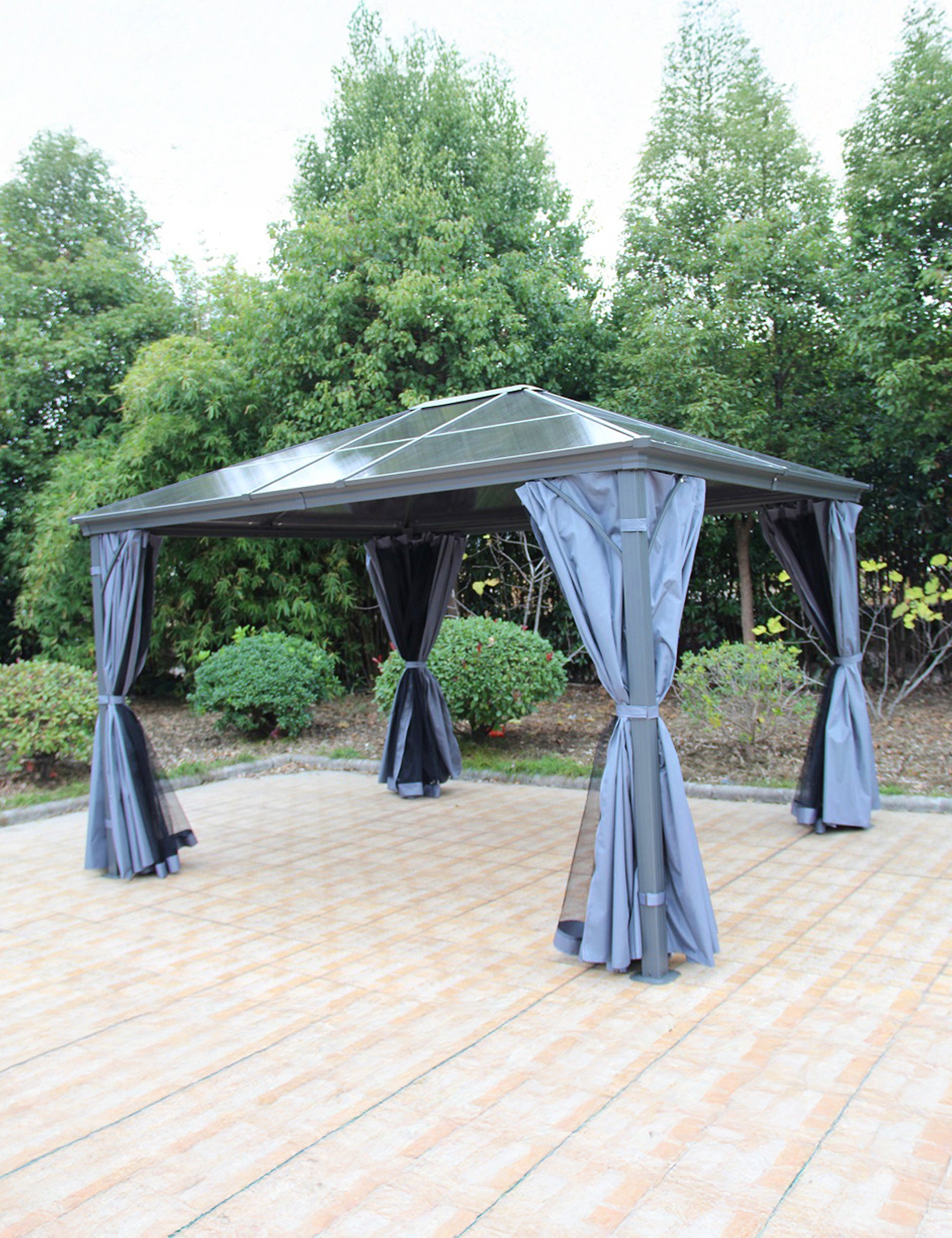 Grey Lugano polycarbonate gazebo with curtains and mosquito nets