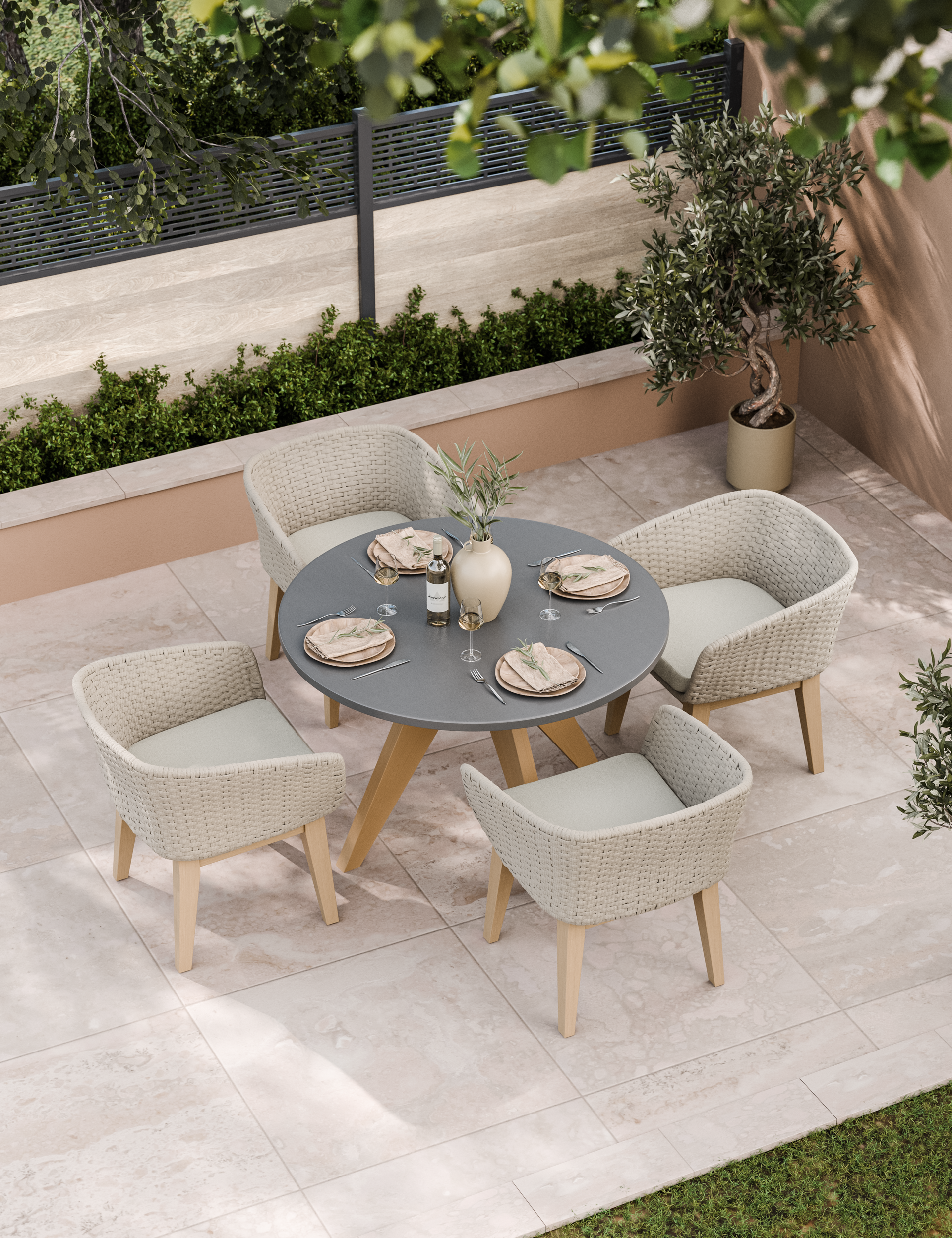 Light-wood outdoor dining table with 1 cushioned wicker chairs in patio garden setting