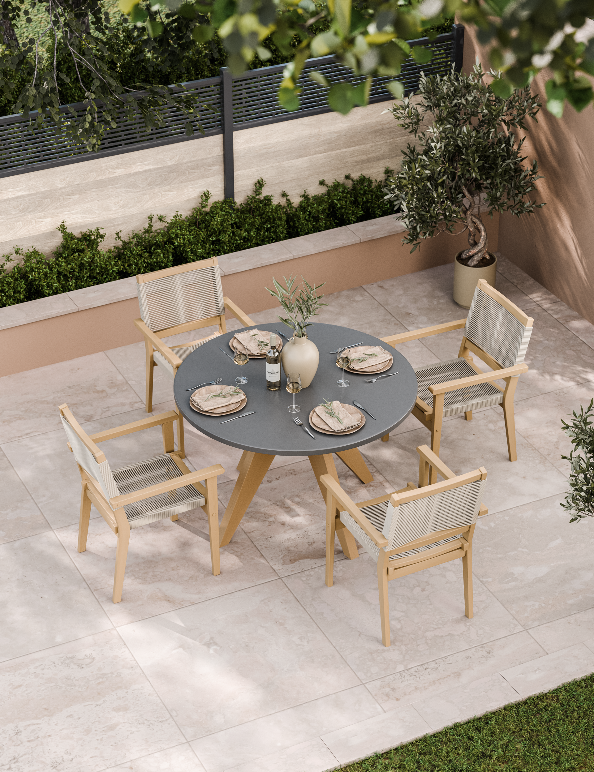 4‑seater round patio dining set, wooden frame and rope chairs