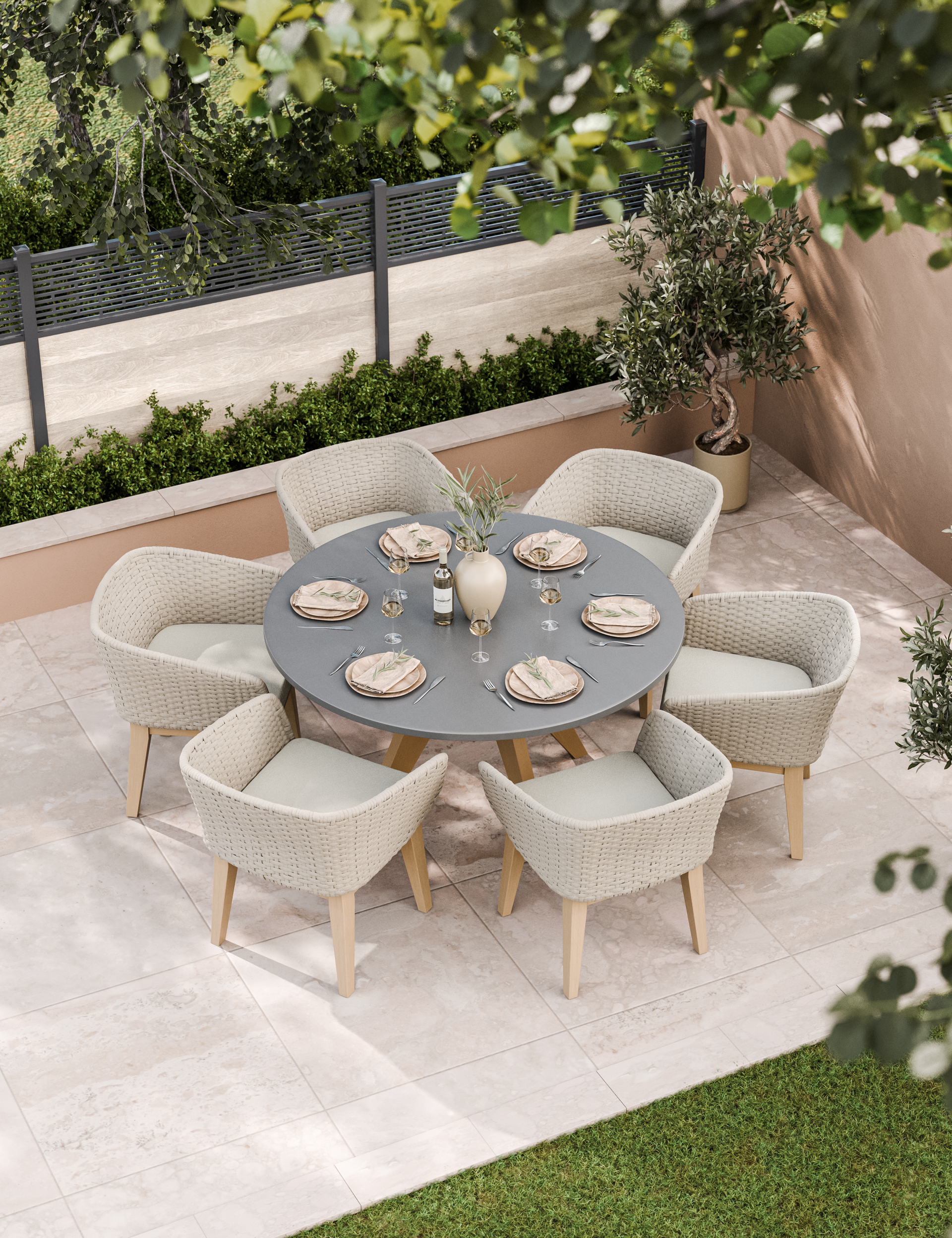 6‑seater garden dining set with cushioned armchairs