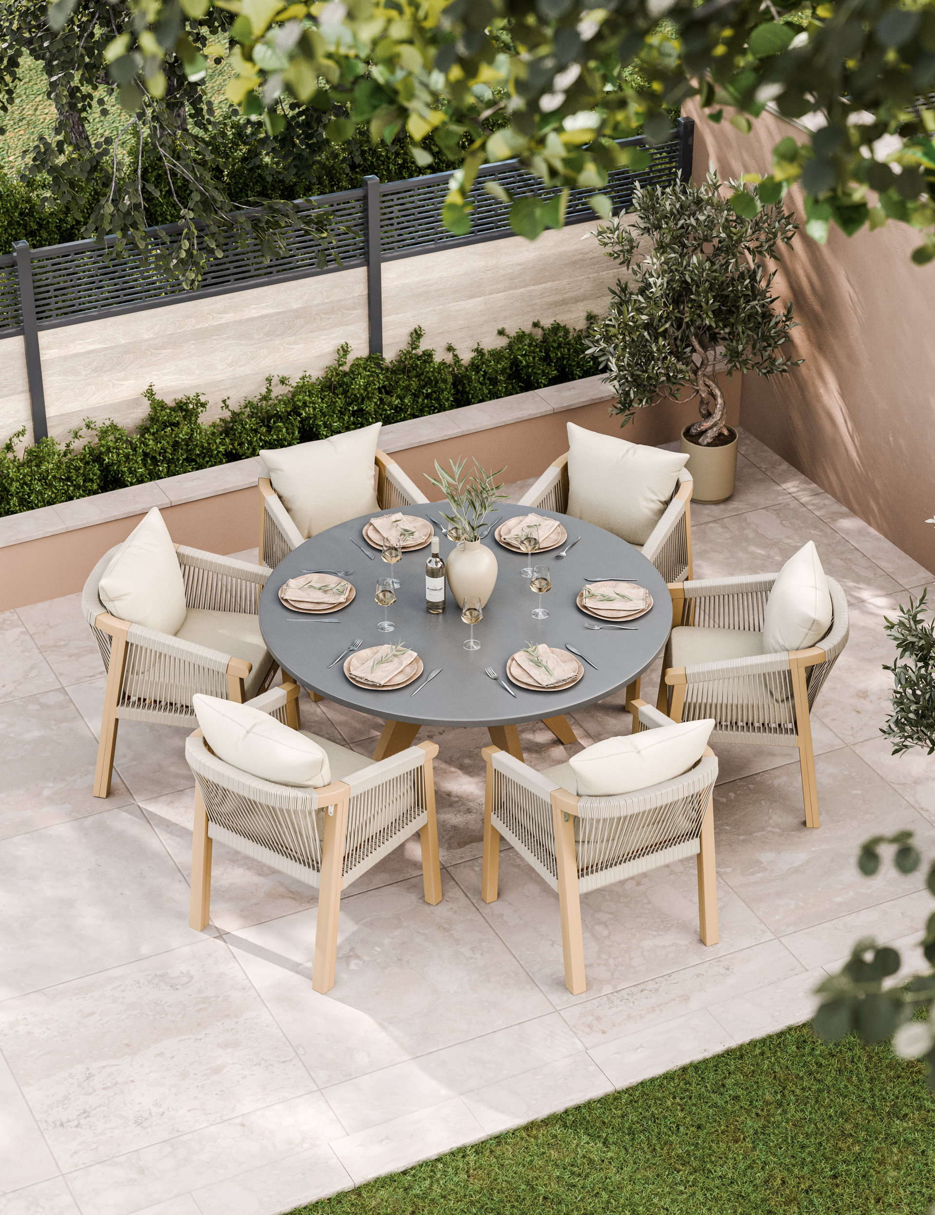 Rope‑weave round dining set with six chairs on tiled patio