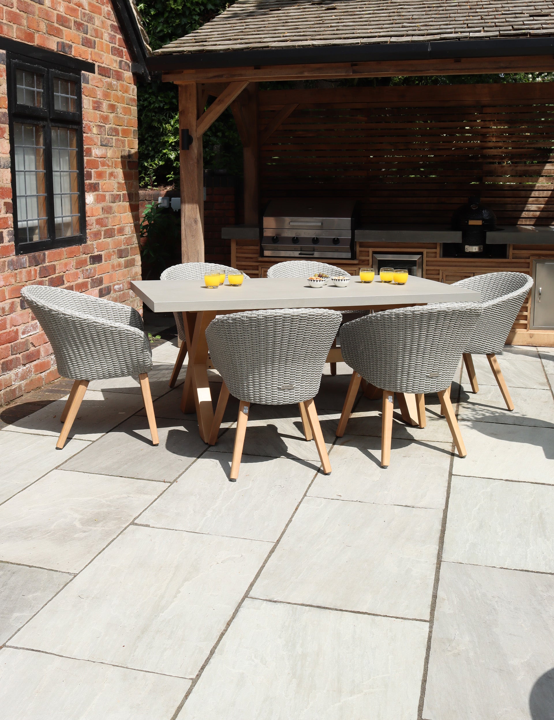 Luna Rectangular Concrete Dining Set with 6 Sol Rattan Dining Chairs