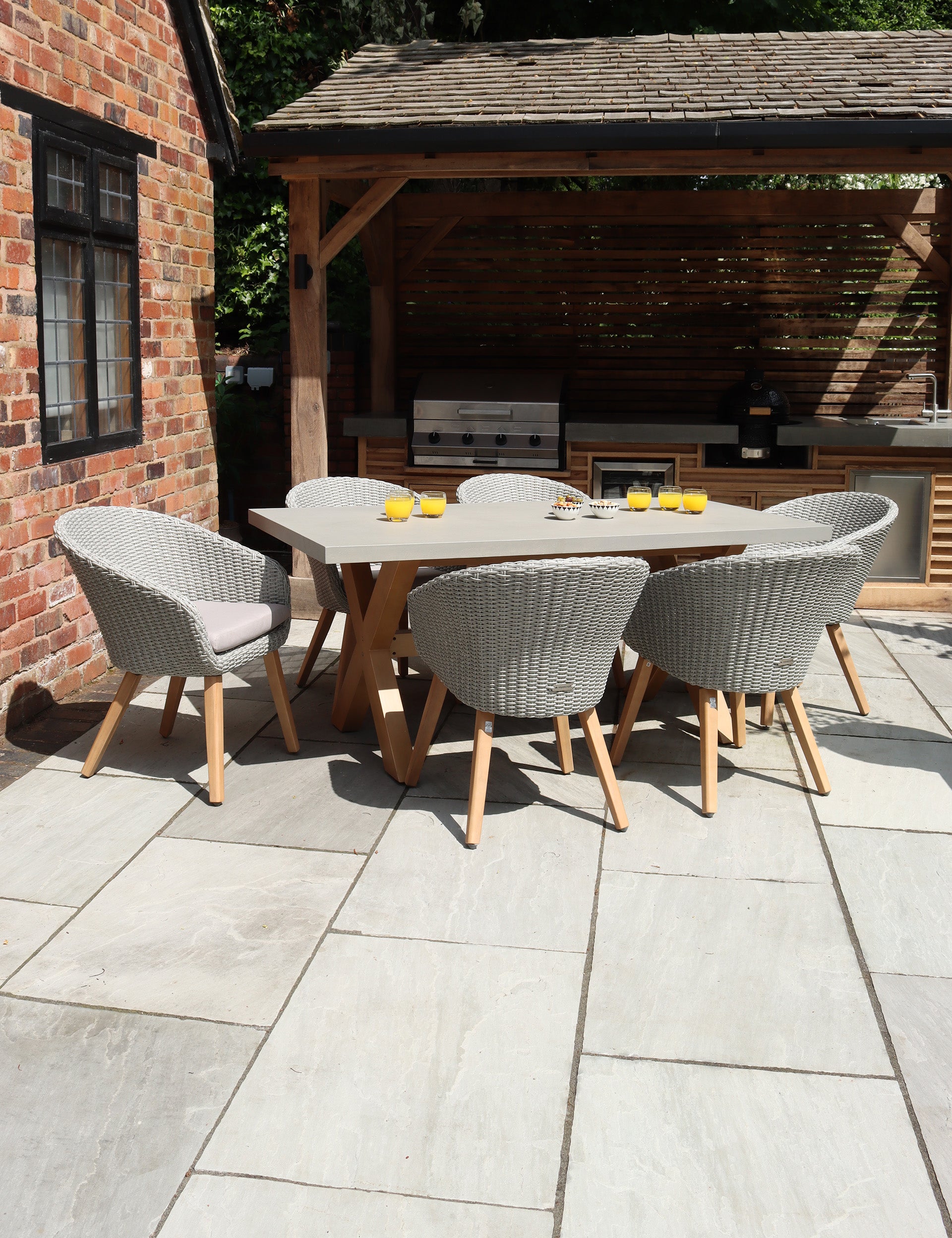 Luna Rectangular Concrete Dining Set with 6 Sol Rattan Dining Chairs