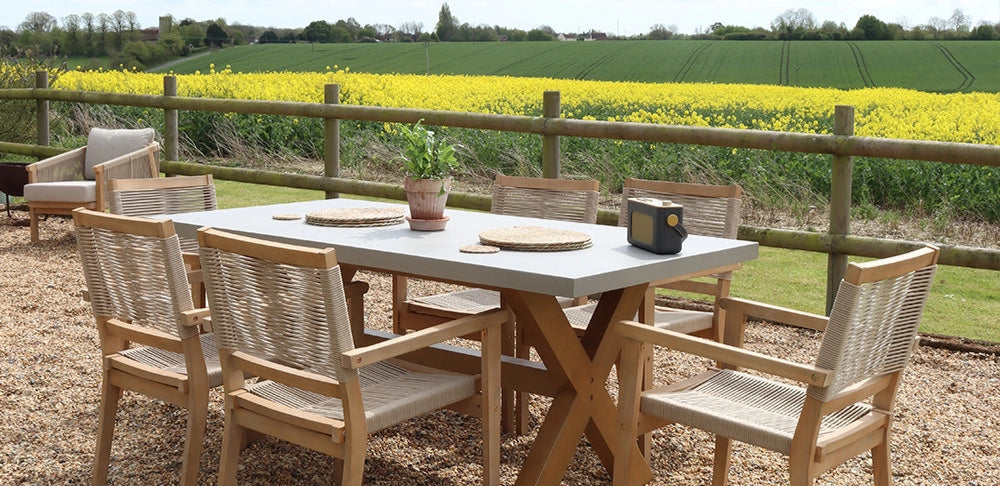 Luna 6 Seater Rectangular Concrete Dining Set with Rope Stacking Chairs