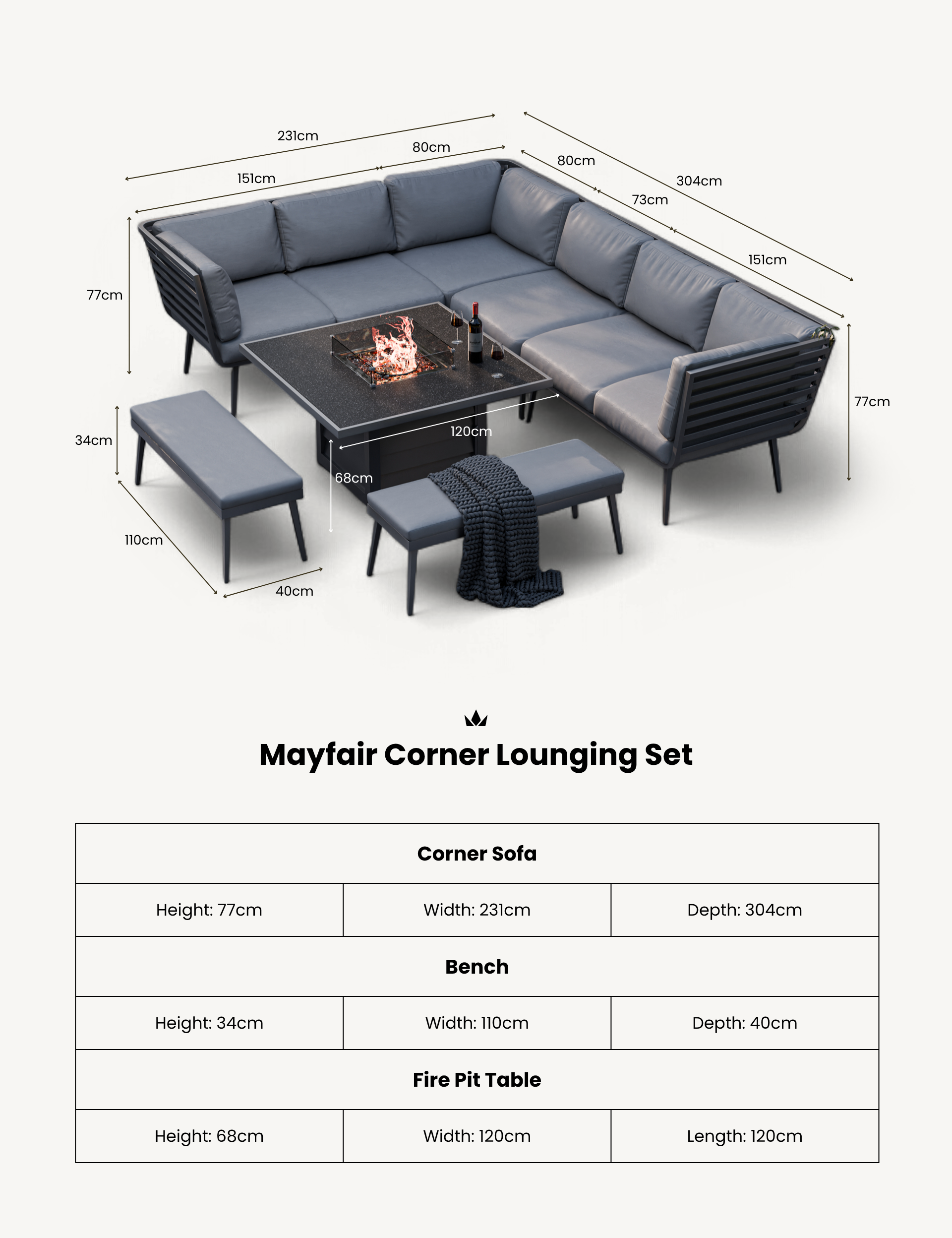 Mayfair Corner Lounging Set with Fire Pit Table and 2 Benches