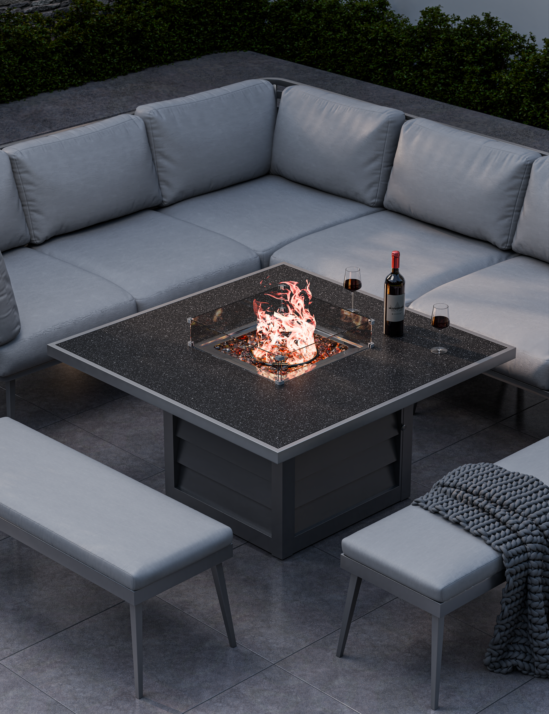 Mayfair Corner Lounging Set with Fire Pit Table and 2 Benches