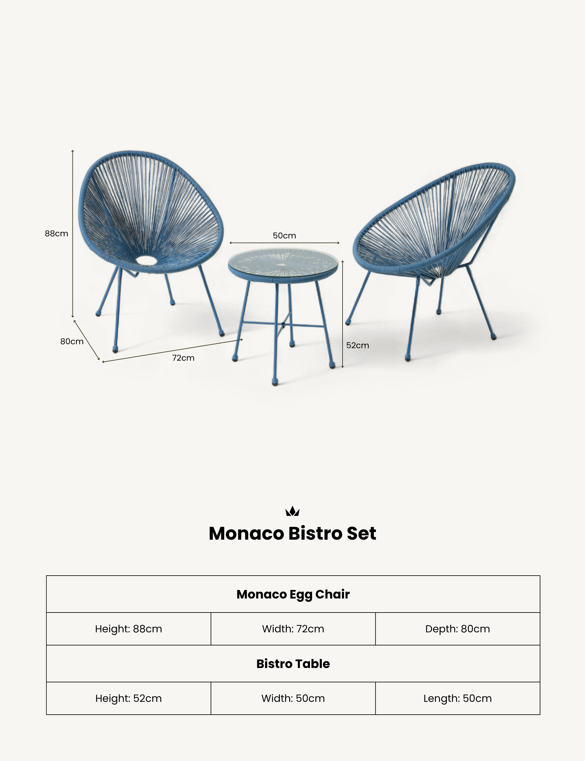 Monaco 2 Seater Egg Chair Bistro Set - Light Blue