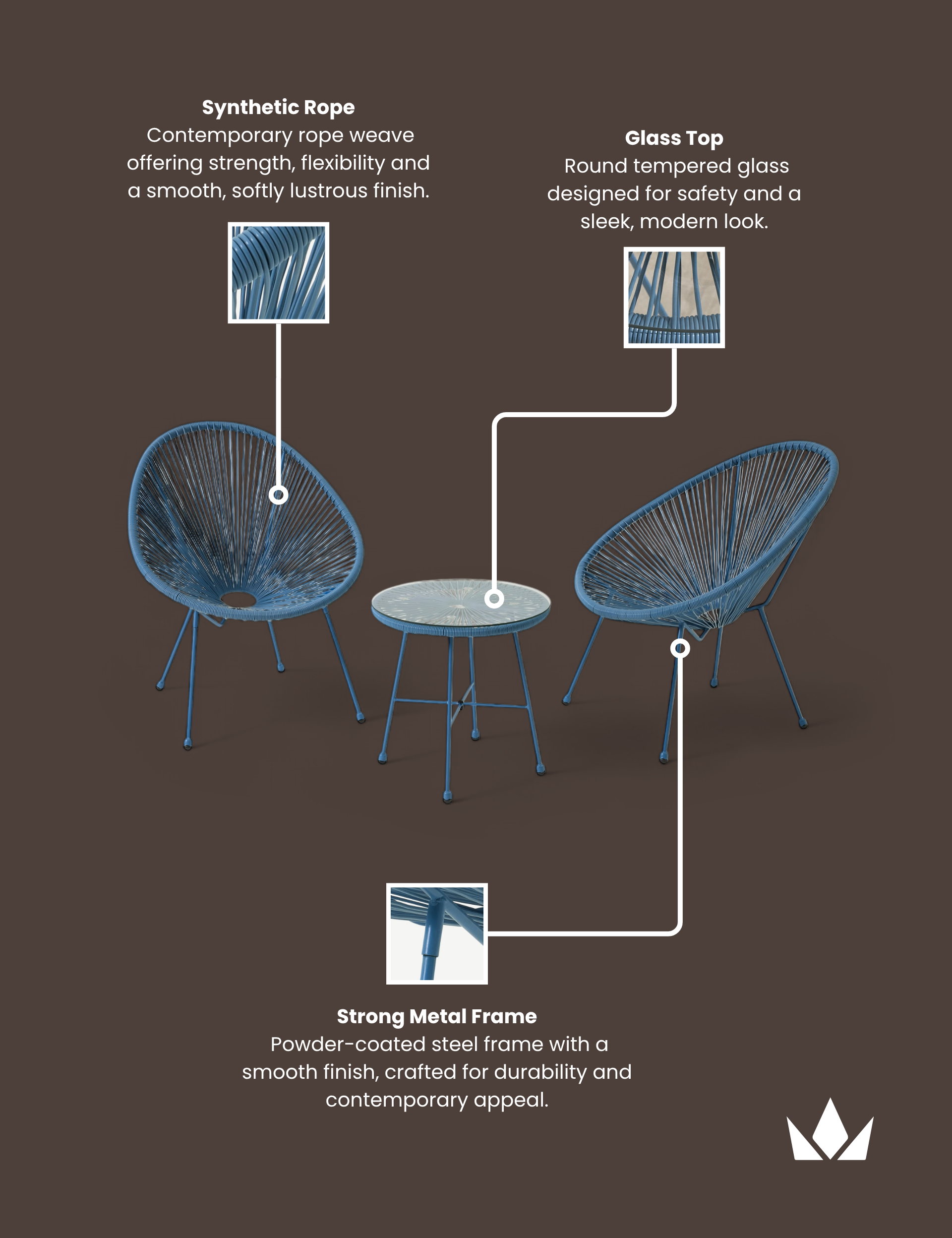 Monaco 2 Seater Egg Chair Bistro Set - Light Blue