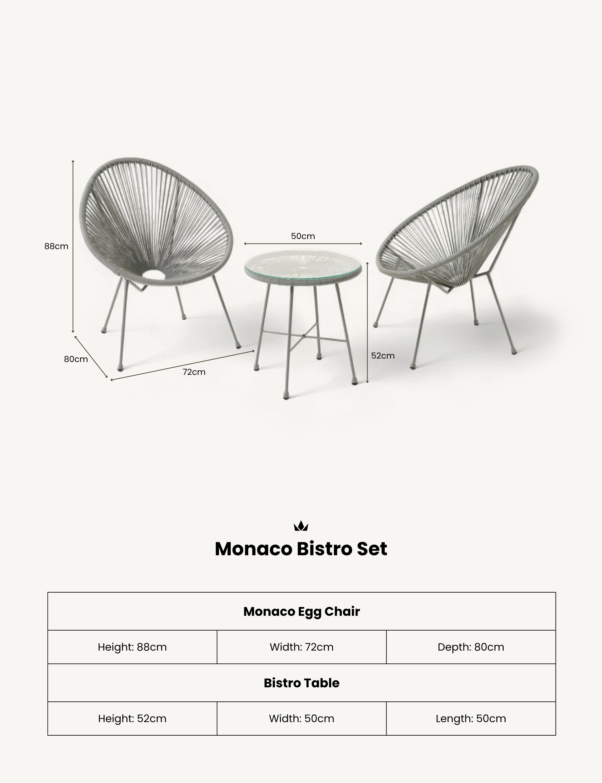 Monaco 2 Seater Egg Chair Bistro Set - Grey