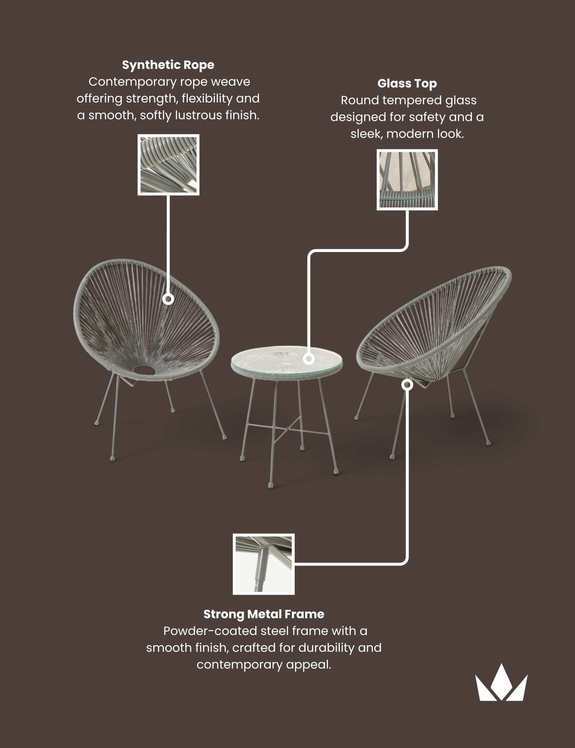 Monaco 2 Seater Egg Chair Bistro Set - Grey