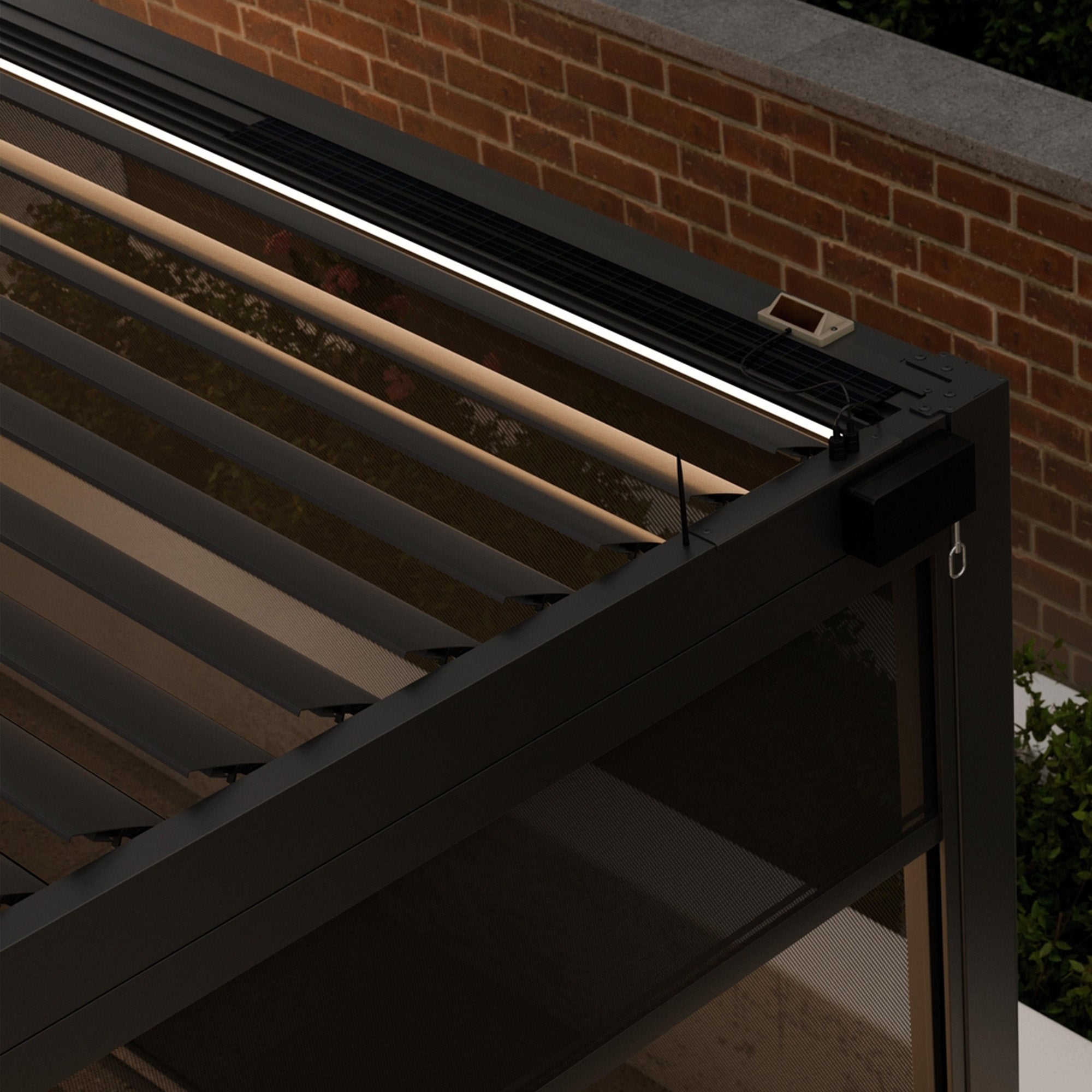 Close-up of modern black pergola roof with LED strip lighting at night