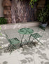 Olive green metal bistro set with round table and two folding chairs