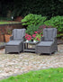 Grey rattan outdoor set with two cushioned chairs and table