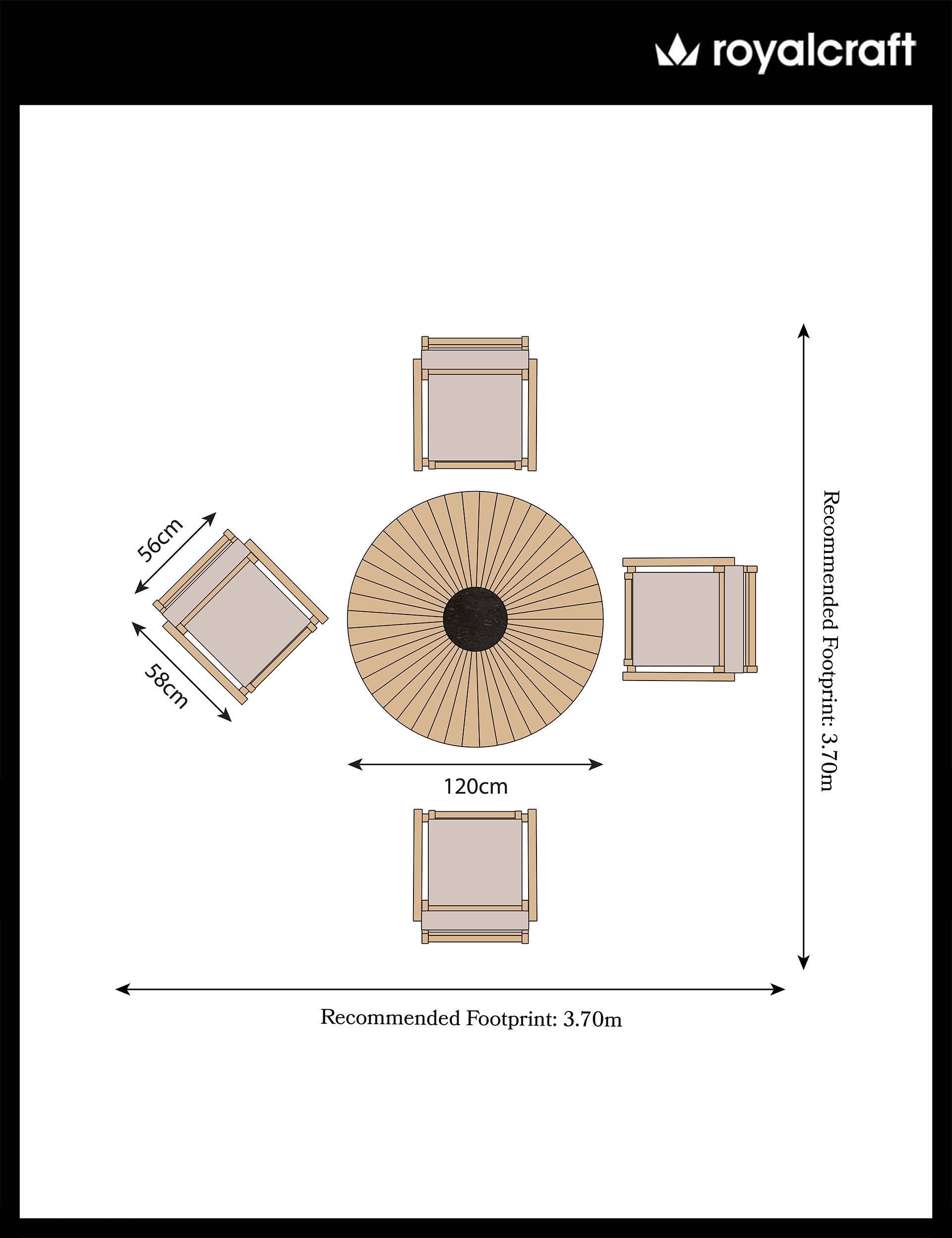 Roma 4 Seater Round Sunray with Black Granite Insert Dining Set with Roma Rope Stacking Chairs