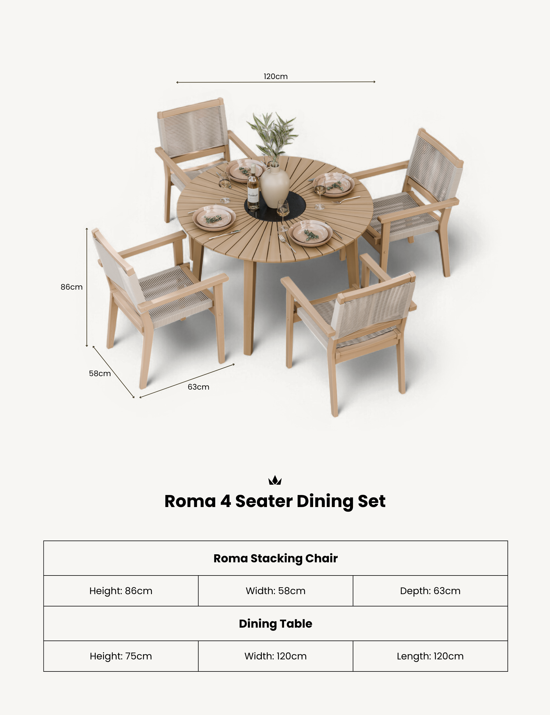 Roma 4 Seater Round Sunray with Terrazzo Insert Dining Set with Roma Rope Stacking Chairs