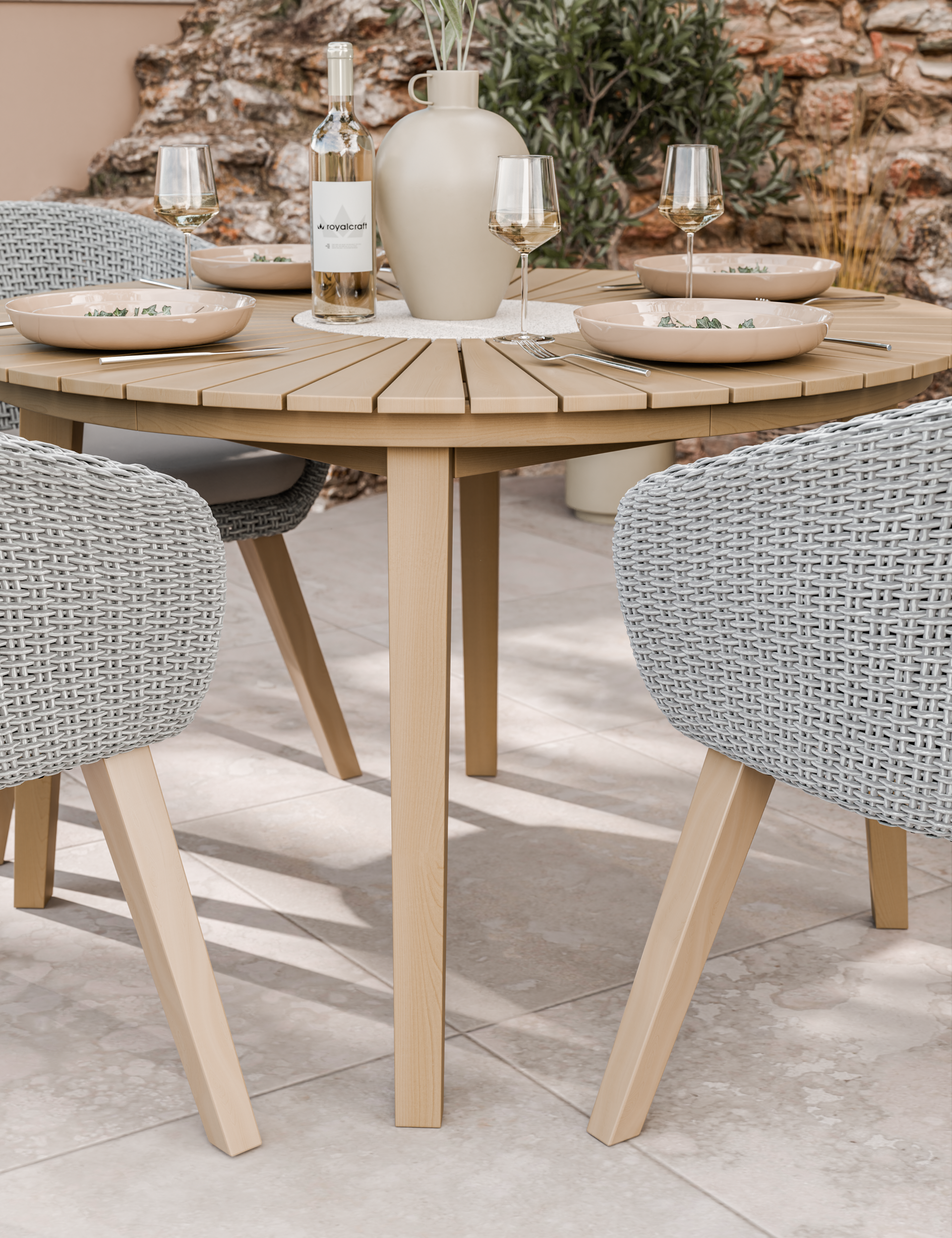Roma 4 Seater Round Sunray with Terrazzo Insert Dining Set with Sol Dining Chairs