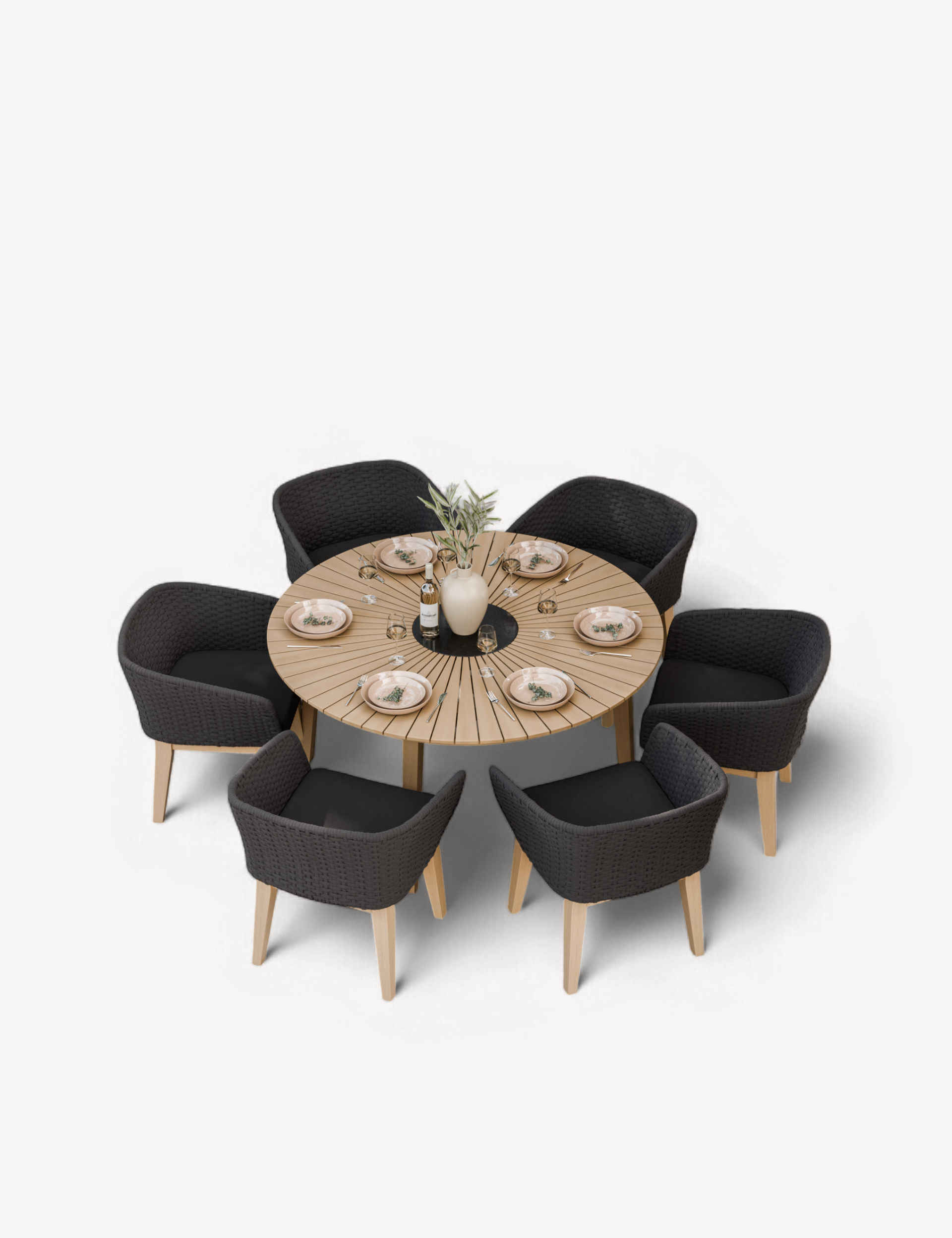 Roma 6 Seater Round Sunray with Black Granite Insert Dining Set with Eden Night Dining Chairs