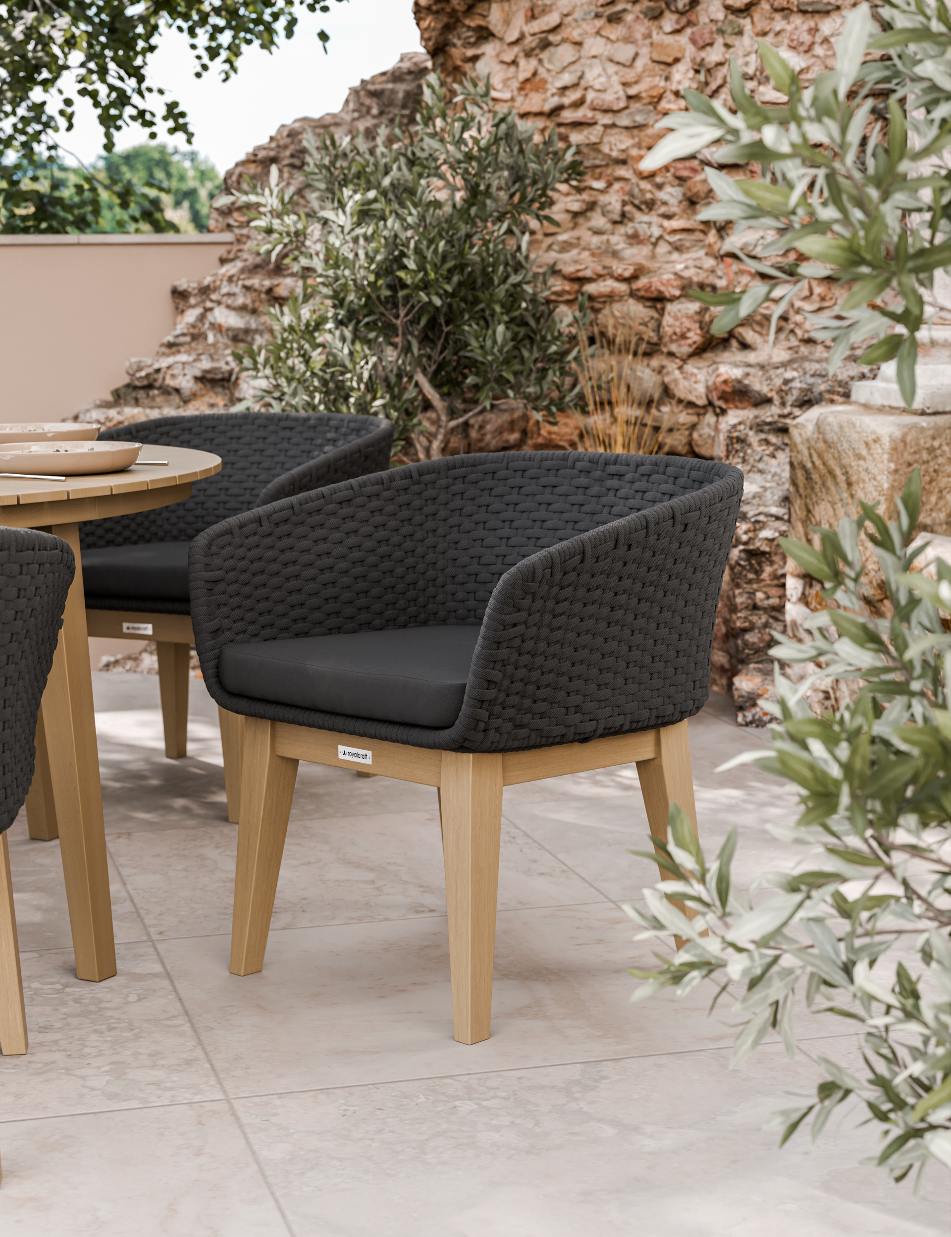 Roma 6 Seater Round Sunray with Black Granite Insert Dining Set with Eden Night Dining Chairs