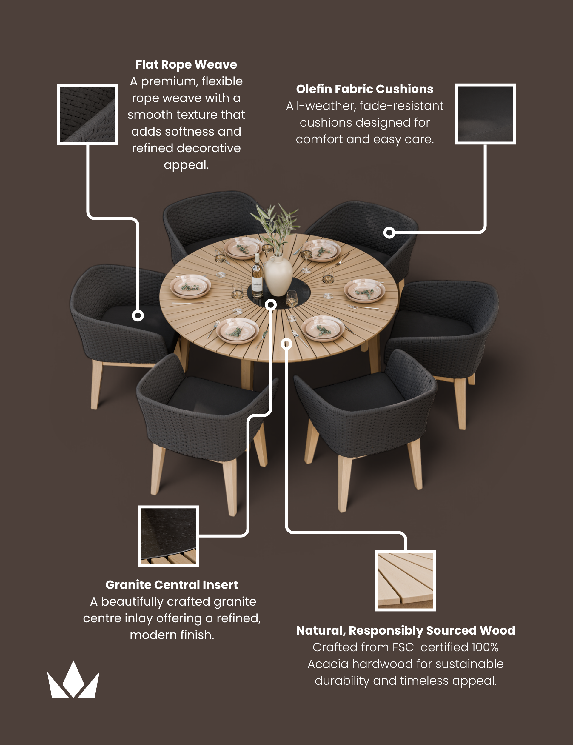 Roma 6 Seater Round Sunray with Black Granite Insert Dining Set with Eden Night Dining Chairs