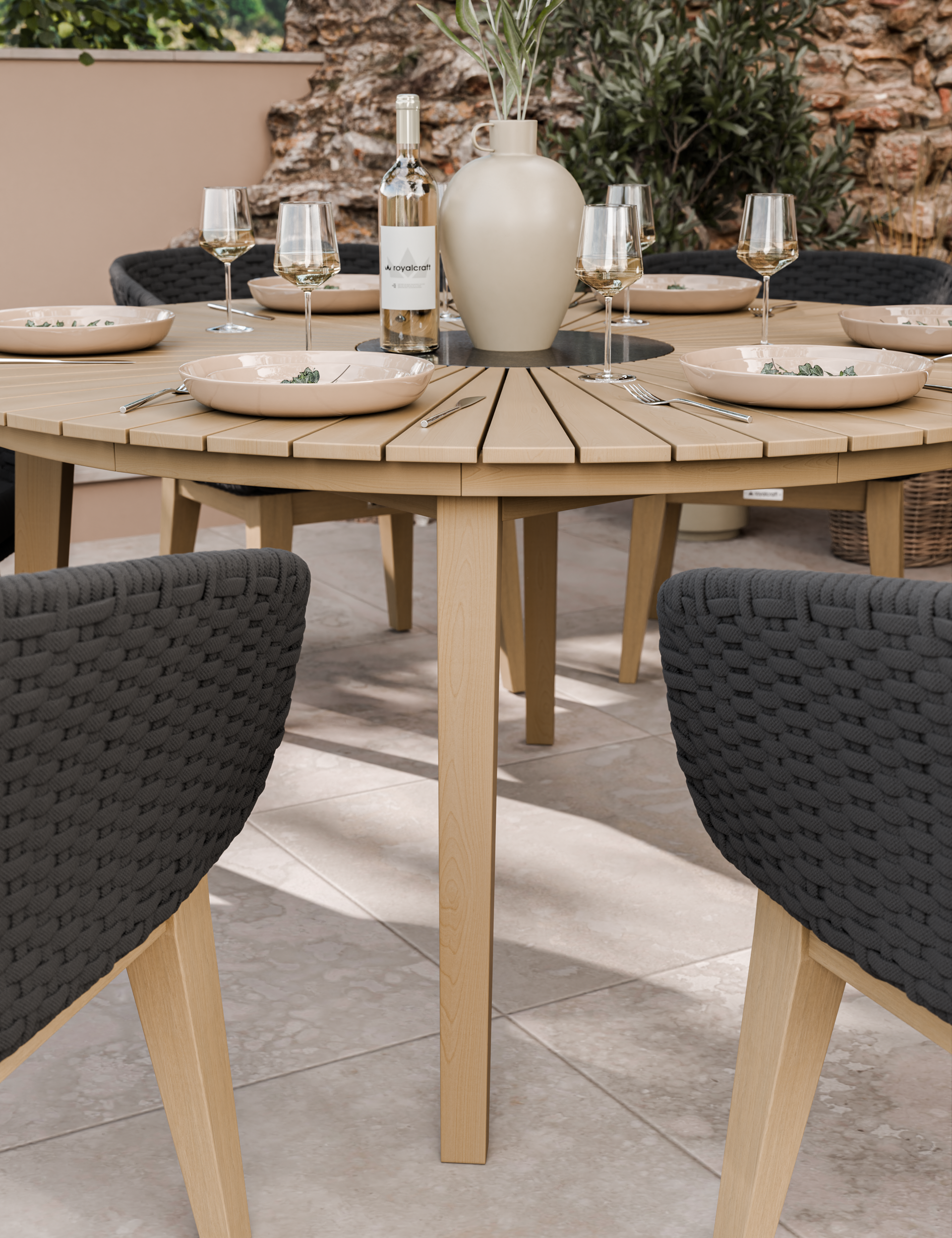 Roma 6 Seater Round Sunray with Black Granite Insert Dining Set with Eden Night Dining Chairs