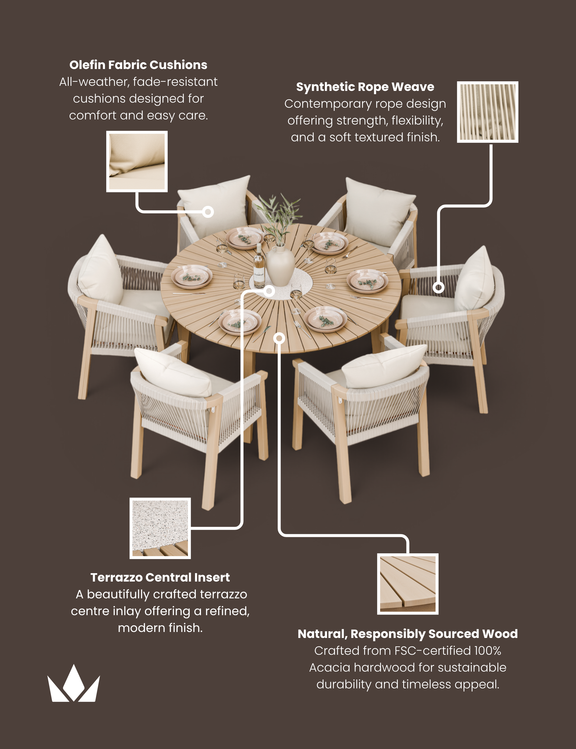 Roma 6 Seater Round Sunray with Terrazzo Insert Dining Set with Roma Dining Chairs