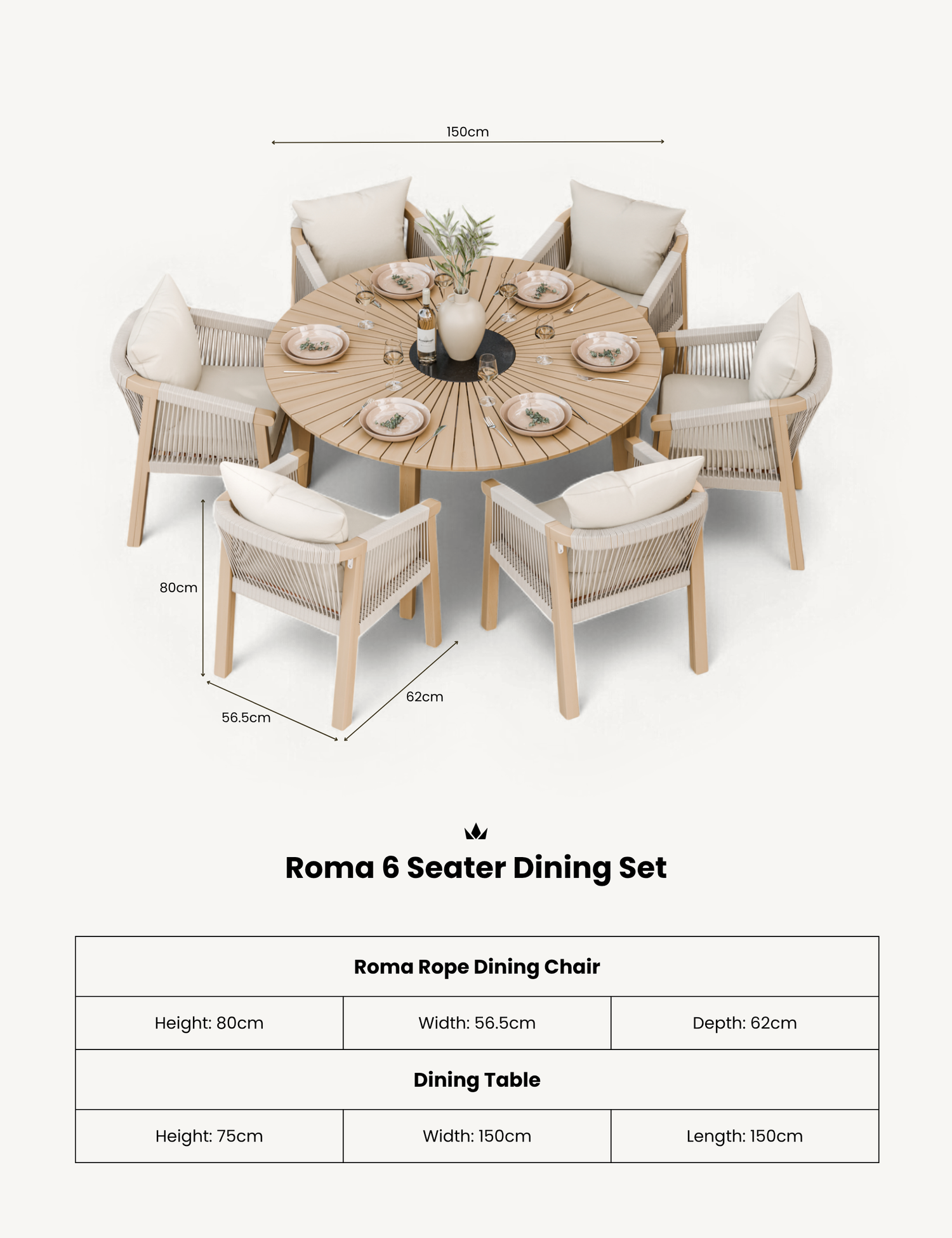 Roma 6 Seater Round Sunray with Terrazzo Insert Dining Set with Roma Dining Chairs