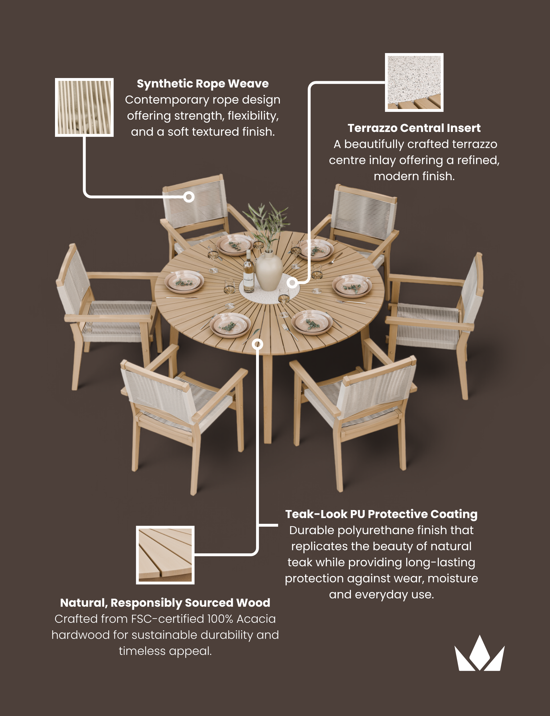 Roma 6 Seater Round Sunray with Terrazzo Insert Dining Set with Roma Rope Stacking Chairs