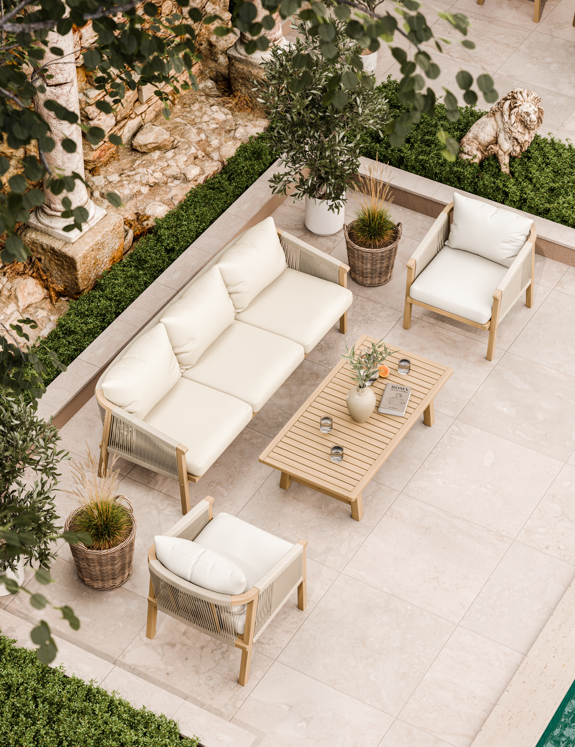 Roma 3-seater rope sofa set with chairs and coffee table