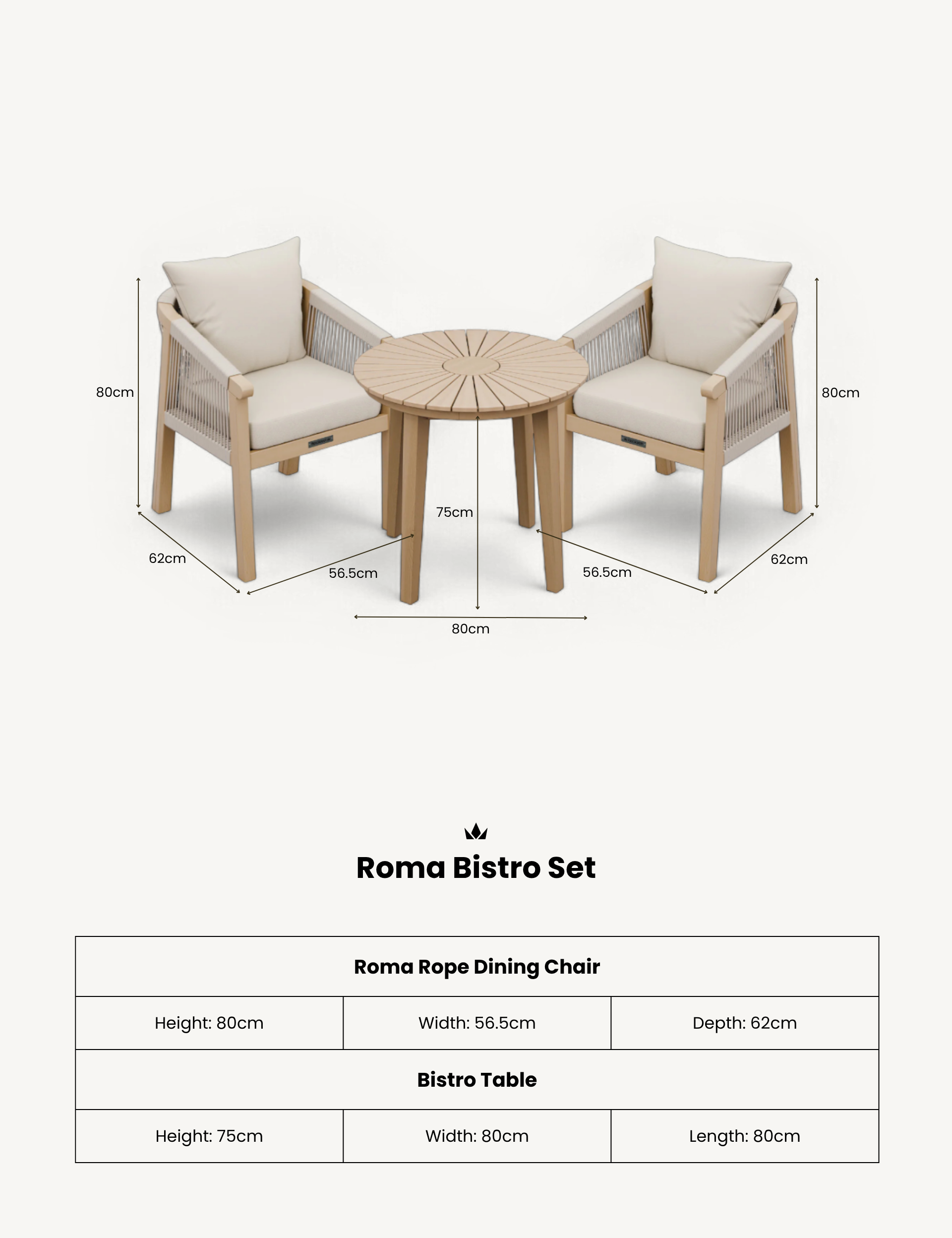Roma 2 Seater Round Sunray Bistro Set with Roma Dining Chairs