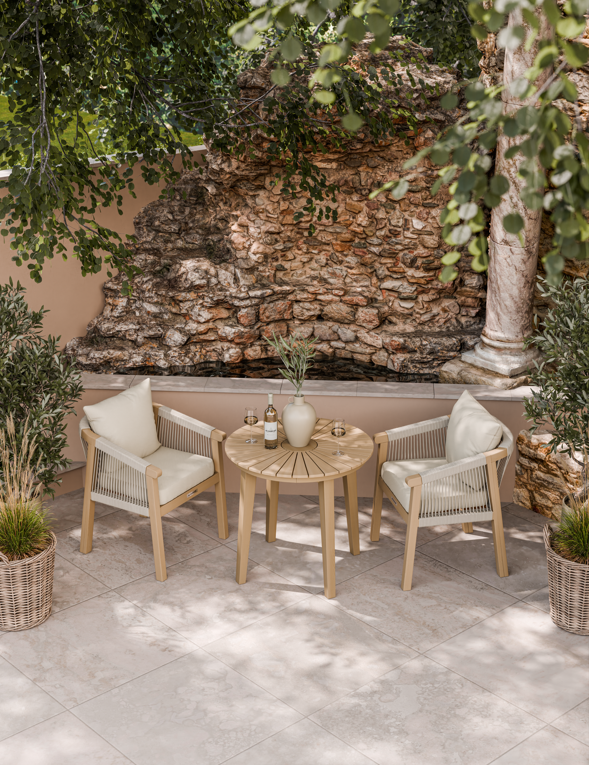 Rope bistro dining set with cushions on stone patio