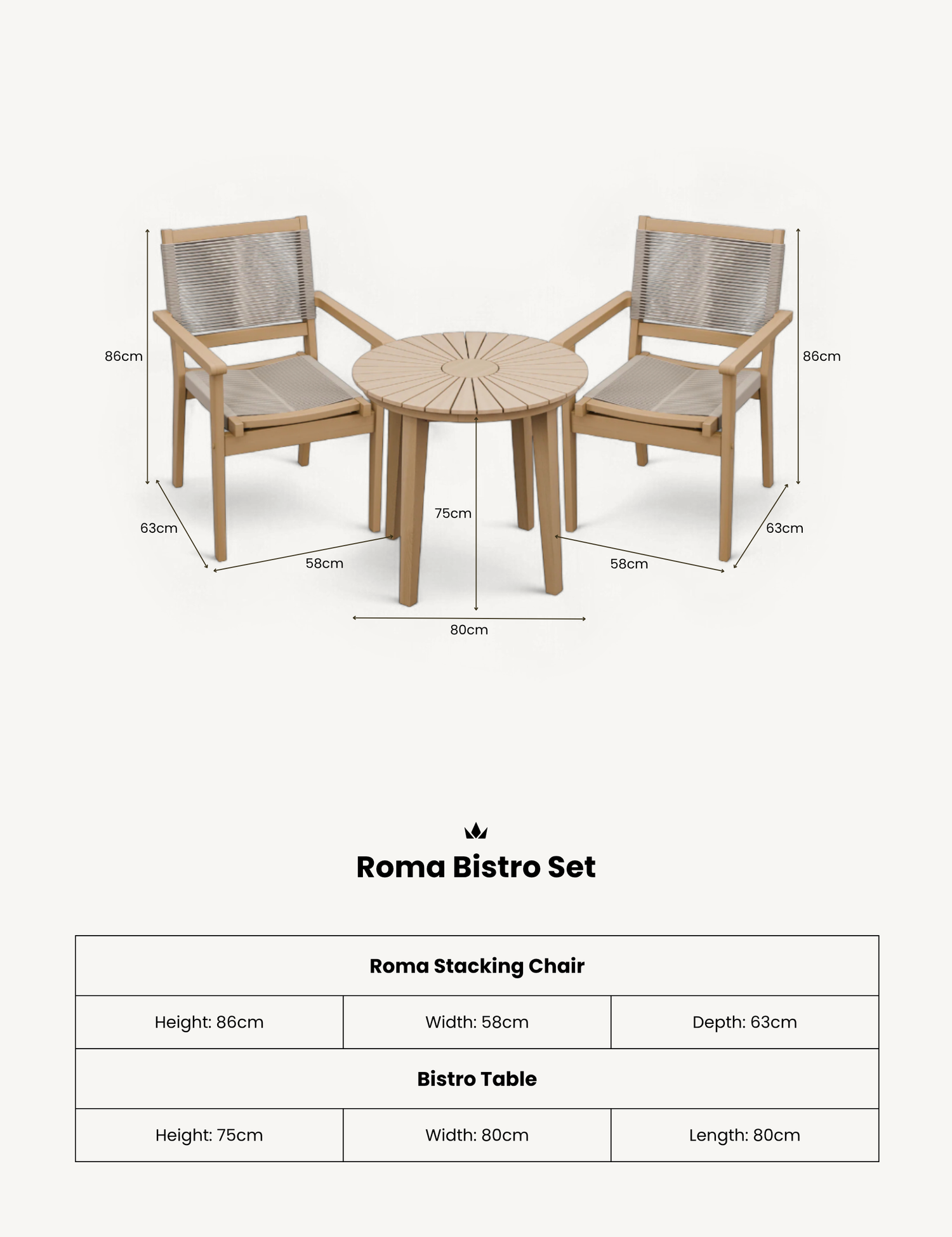 Roma 80cm Round Sunray Bistro Set with Roma Rope Stacking Chairs