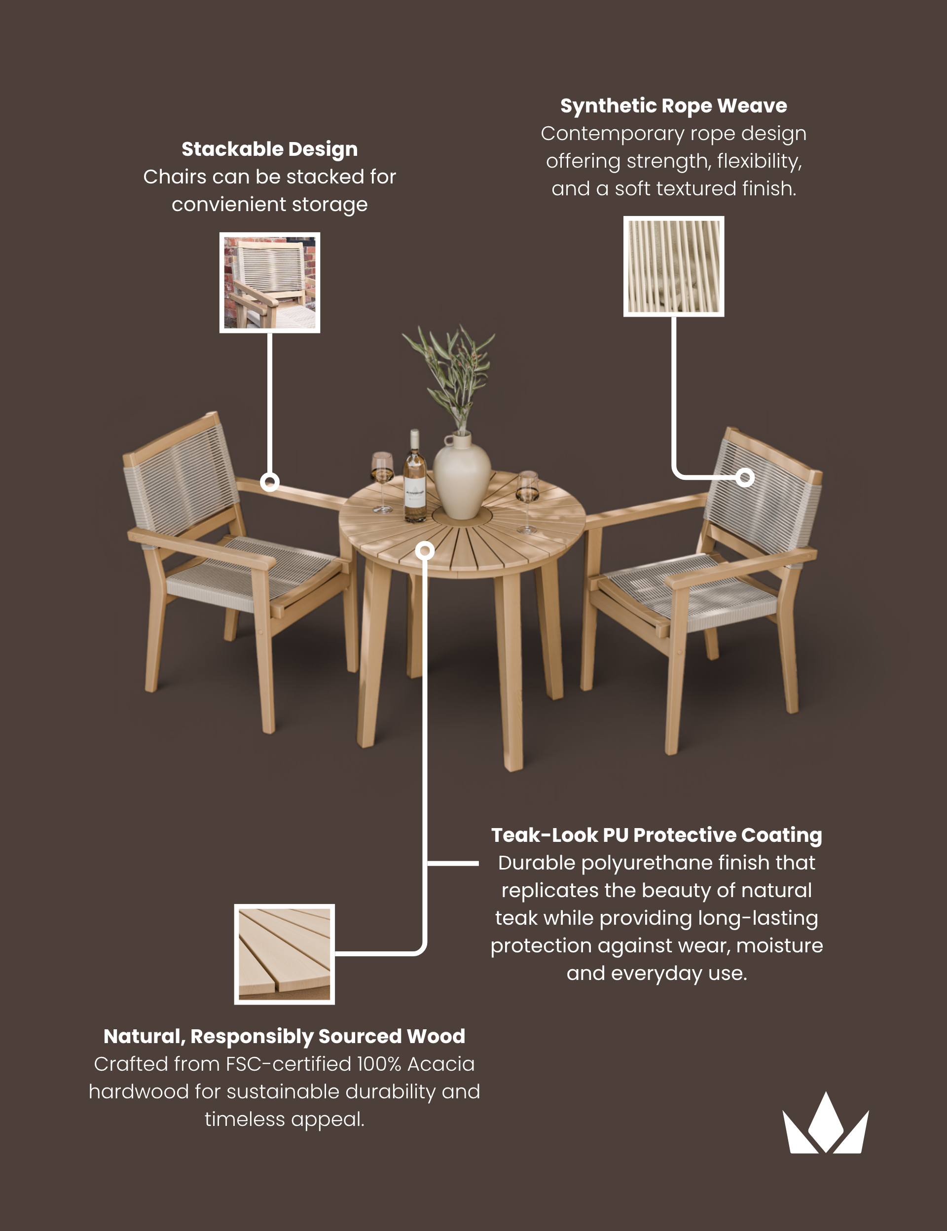 Roma 80cm Round Sunray Bistro Set with Roma Rope Stacking Chairs