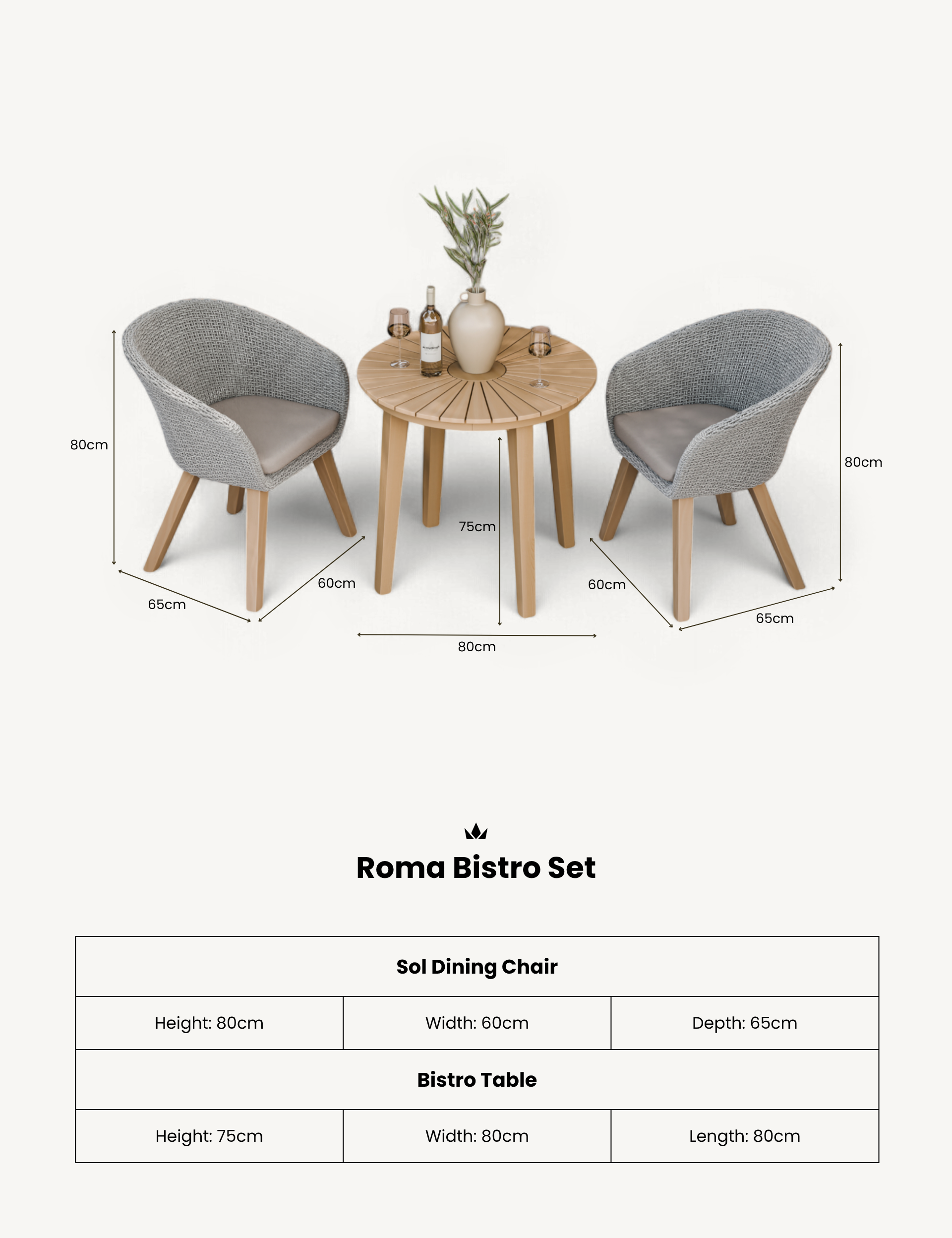 Roma 2 Seater Round Sunray Bistro Set with Sol Dining Chairs