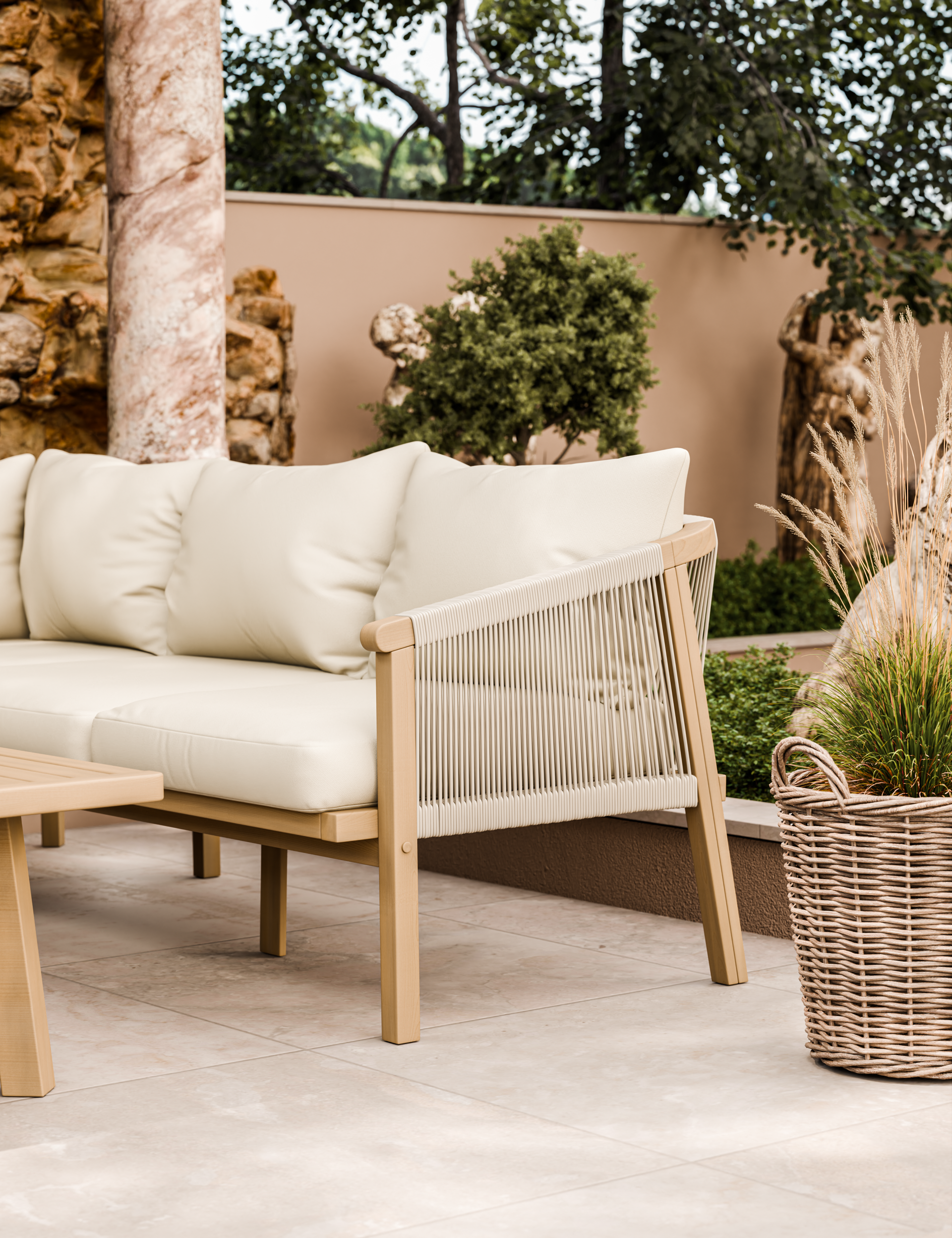 Cream rope sofa arm detail with wicker planter outdoors