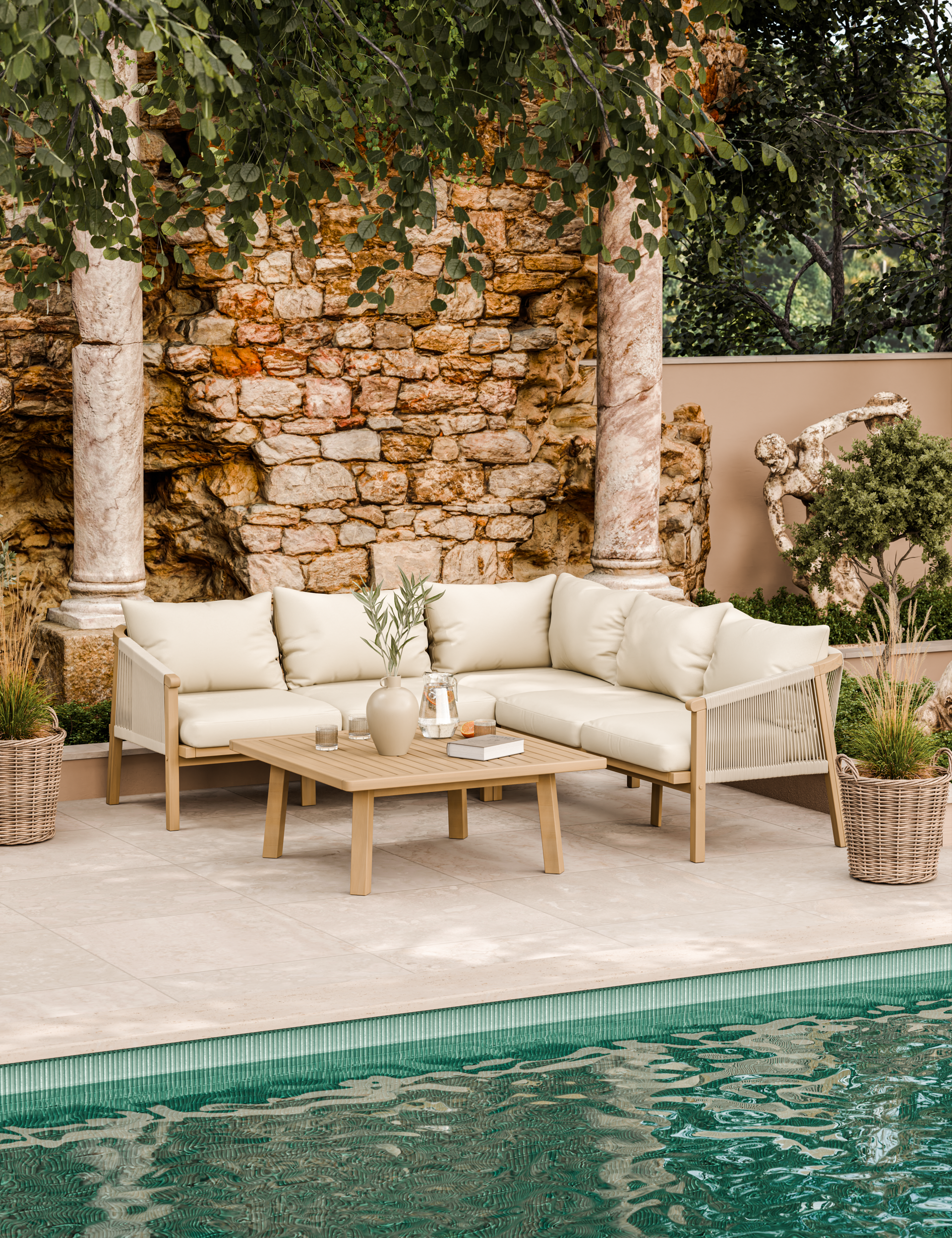 Cream corner sofa set with wooden table by poolside