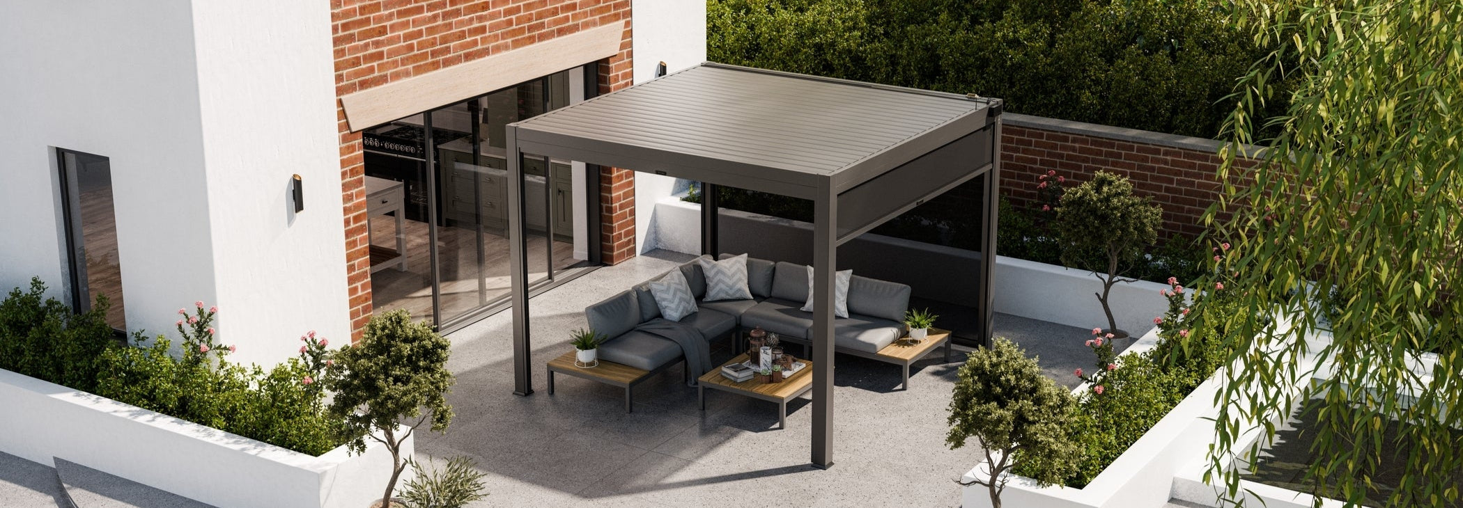 Modern black pergola with grey corner sofa and tables on patio
